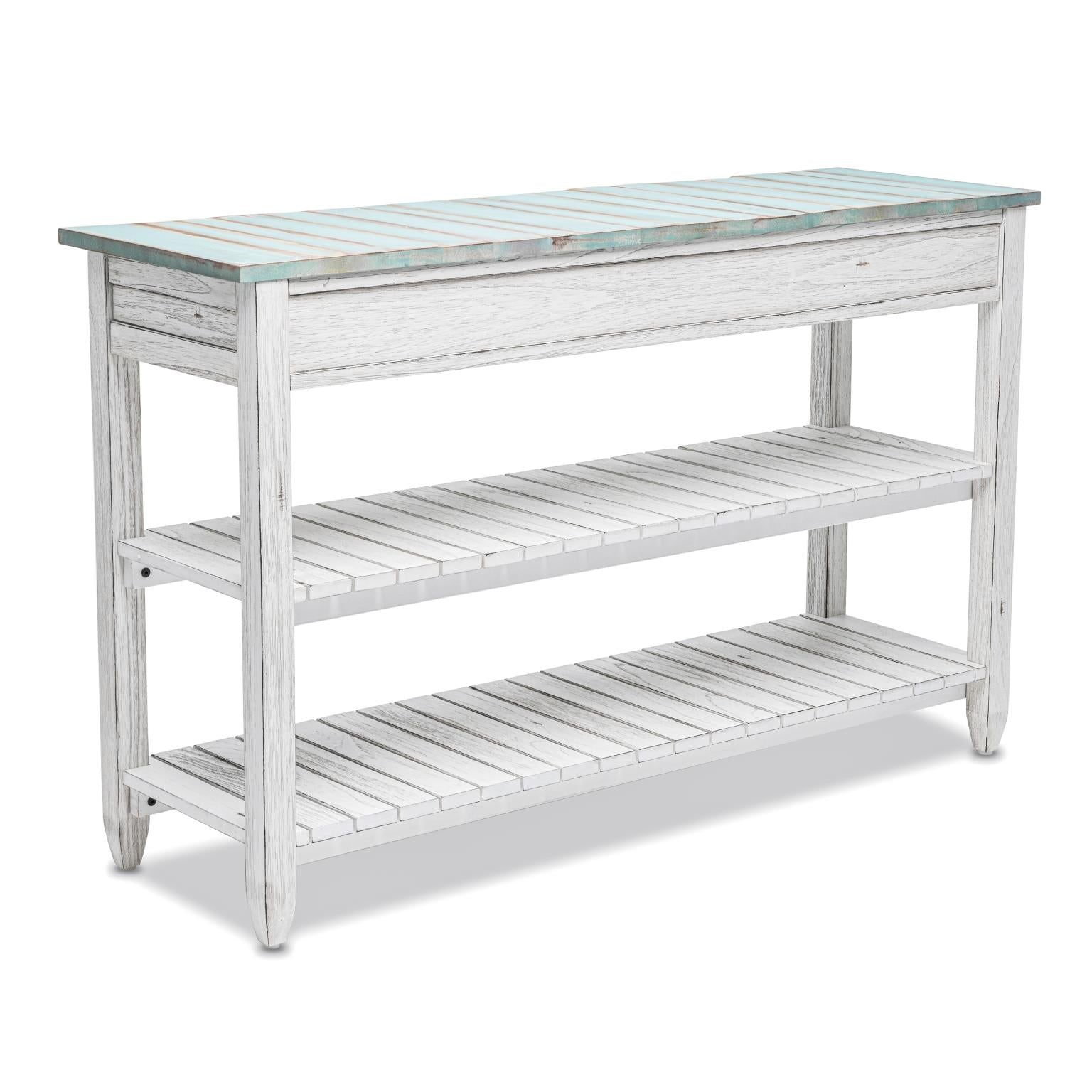Picket Fence Entertainment Center. Distressed Bleu/ White Finish
