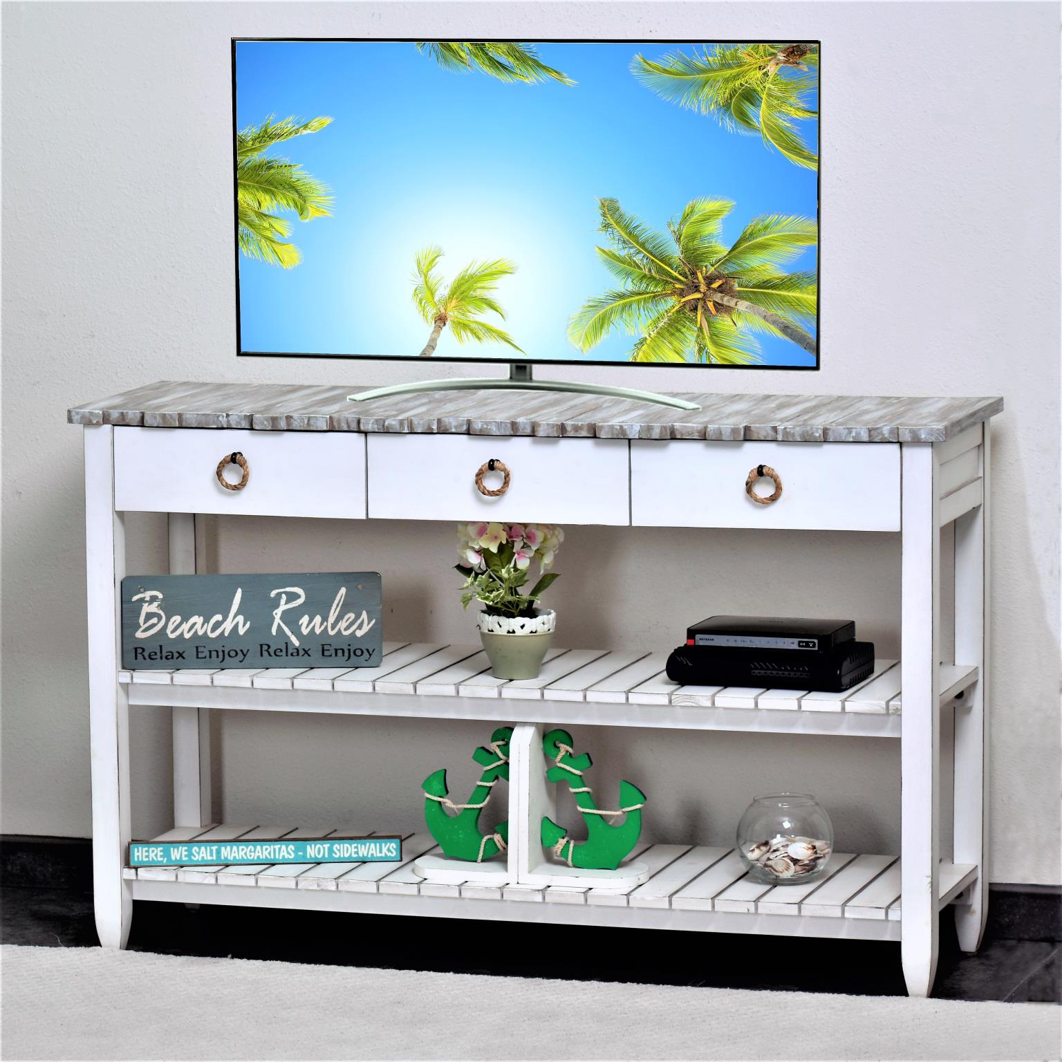 Picket Fence Entertainment Center. Grey/Blanc Finish
