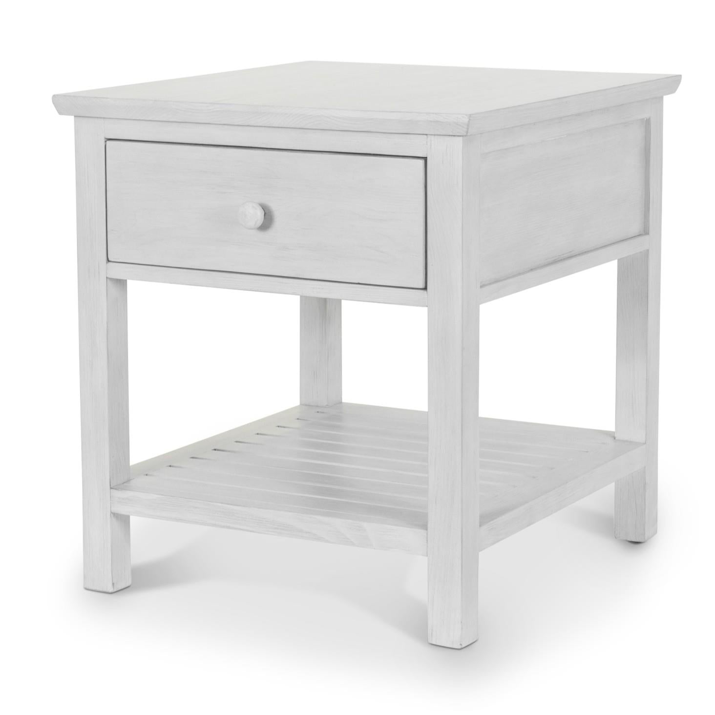 Geneva 1-Drawer End Table. Distressed White finish