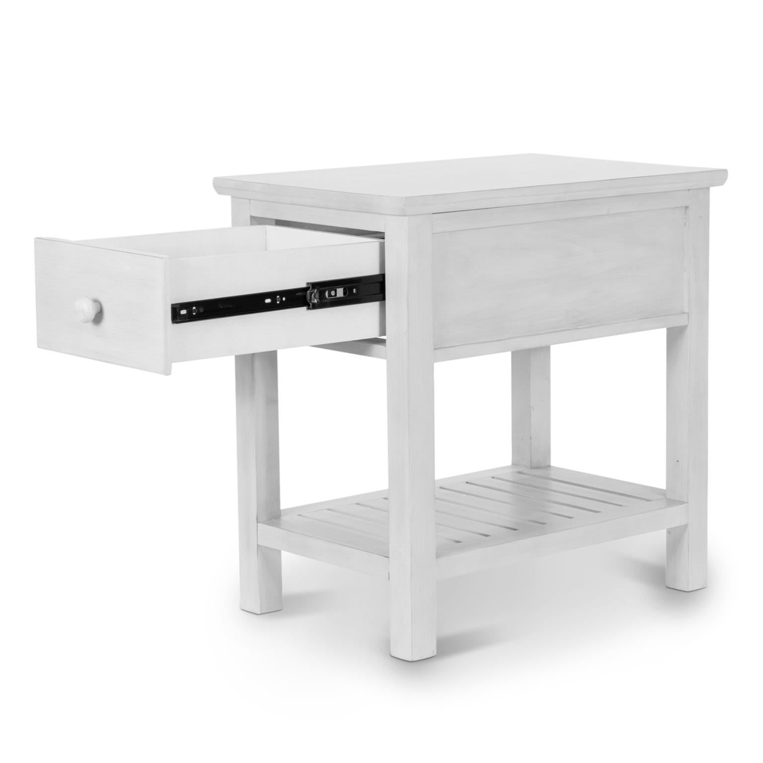Geneva 1-Drawer Chairside Table. Distressed White finish