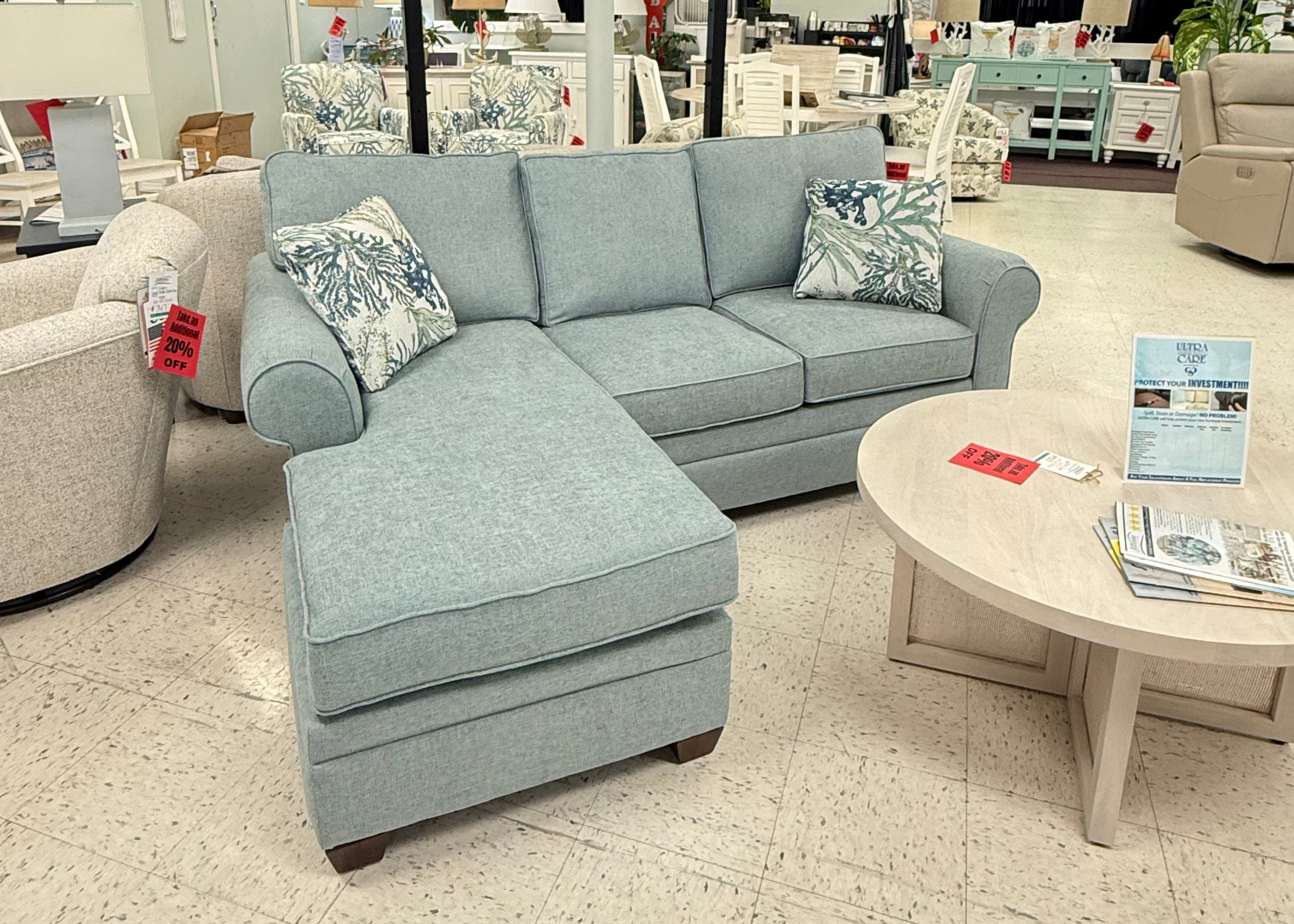 Blue Rolled Arm Fabric Sofa with Chaise