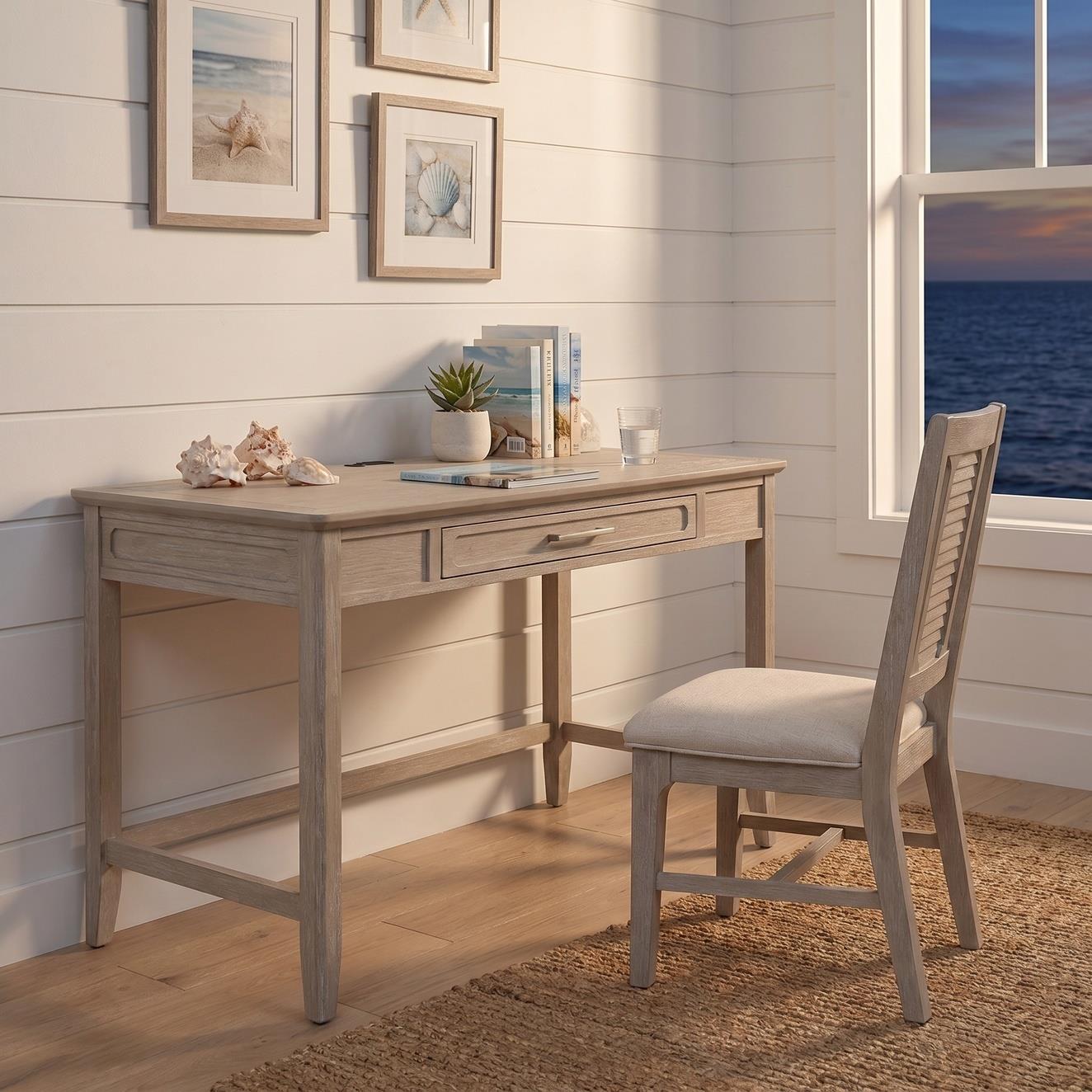 Cape May Writing Desk w/ Power and Upholstered Shutter Back Chair. Glazed Driftwood Finish