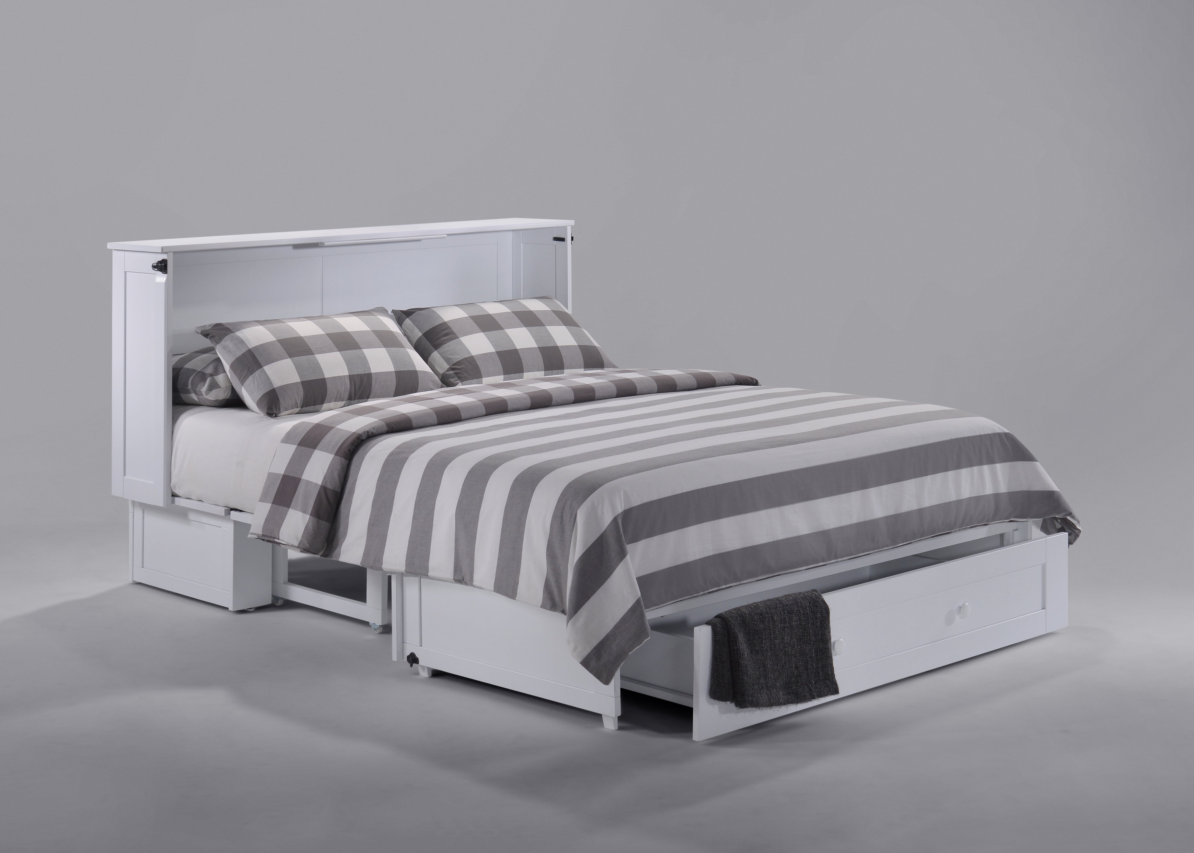 Newport Murphy Cabinet Bed in White, open with bedding | Atlantic Fine Furniture, Melbourne FL