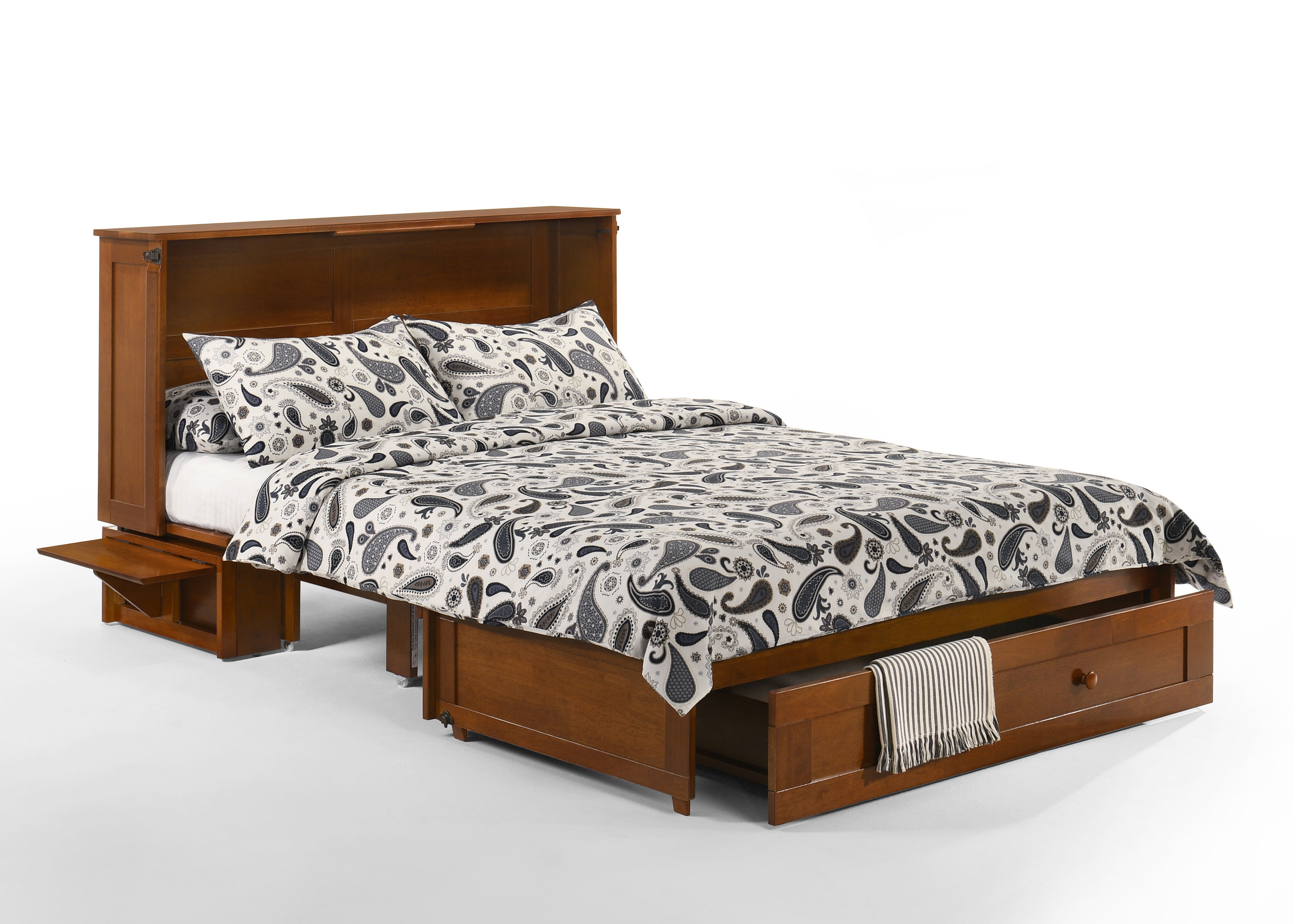 Newport Murphy Cabinet Bed in Cherry, storage drawer open and trays up | Atlantic Fine Furniture, Melbourne FL