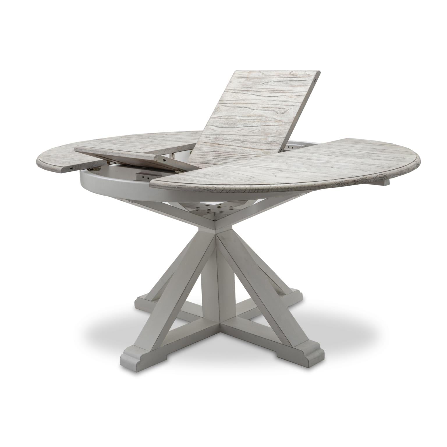 Islamorada 45" Round Dining Table w/ 18" Butterfly Leaf Extension. Dapple Grey Finis