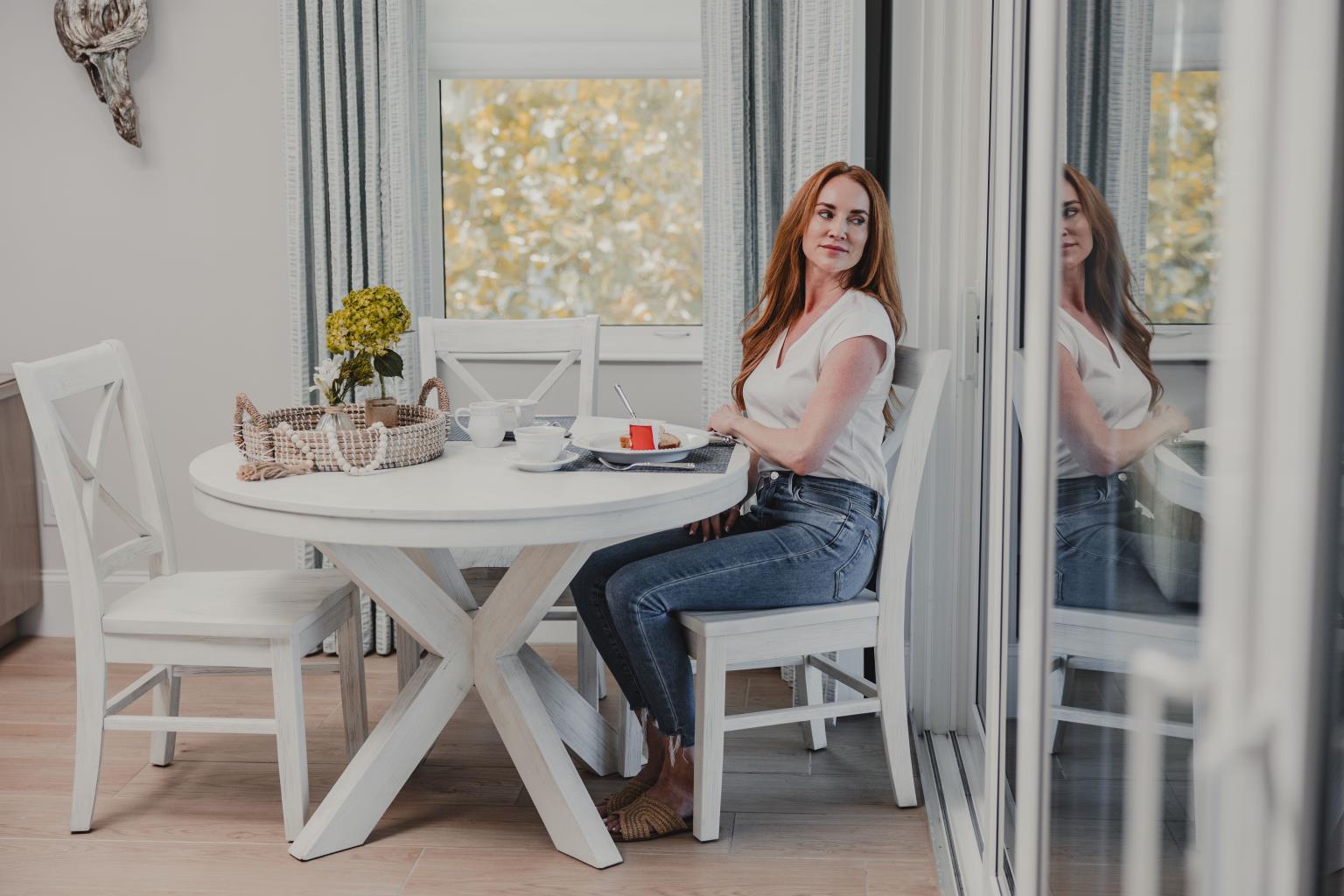Surfside 45" Round Dining Table. X Shaped Base. Weathered White Finish