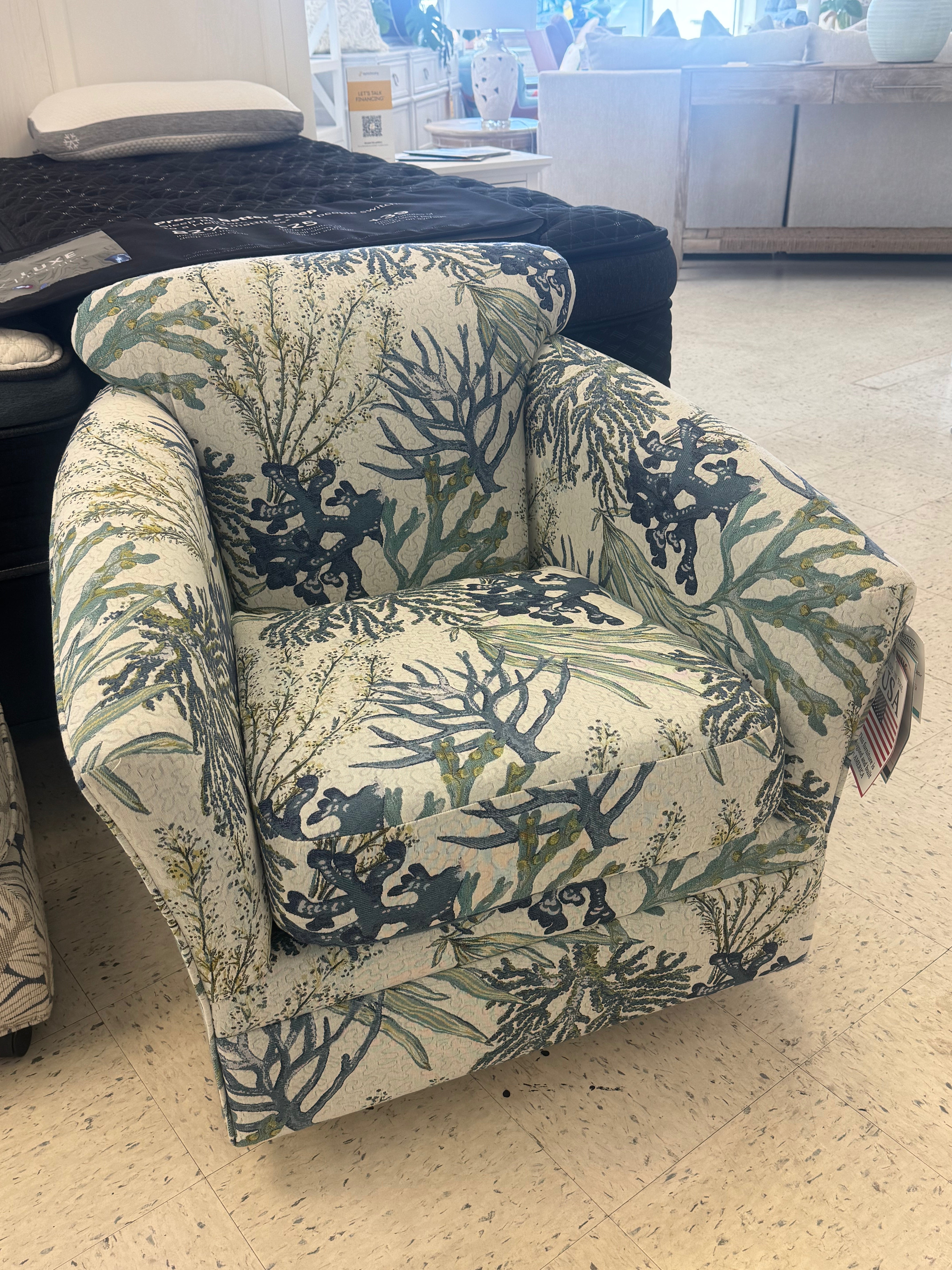 Custom Swivel Barrel Glider Chair *REEF BLUE FABRIC* SHOWROOM MODEL ONLY