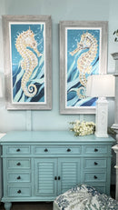 Seahorse on Teal A and B - Set of Two. Coastal Art