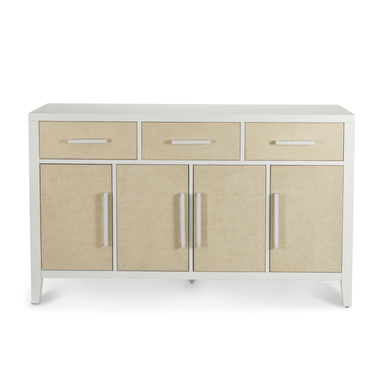 Miramar 4-Door / 3-Drawer Credenza (60") w/ Silver Tray. Sand and Stark White Finish