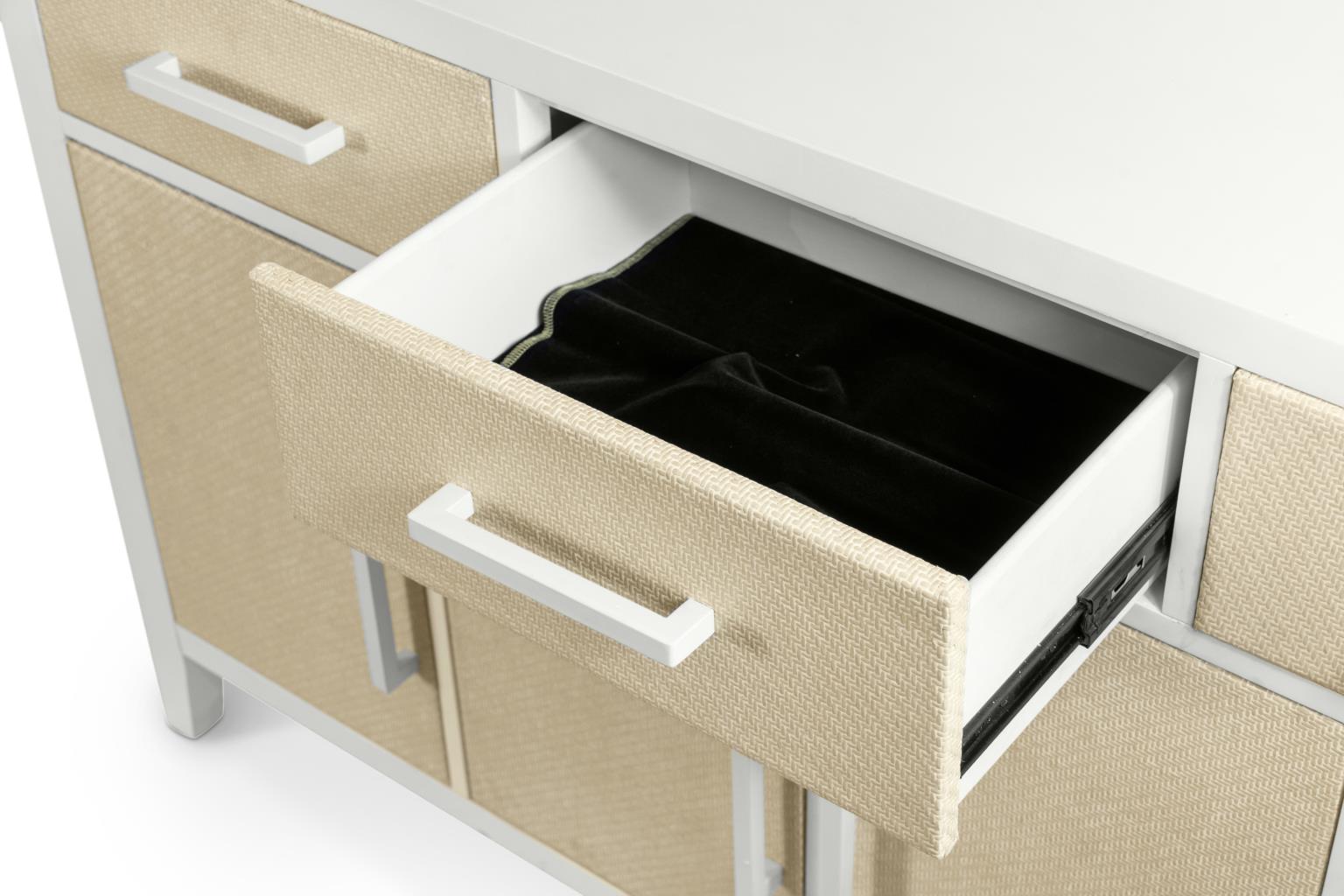 Miramar 4-Door / 3-Drawer Credenza (60") w/ Silver Tray. Sand and Stark White Finish