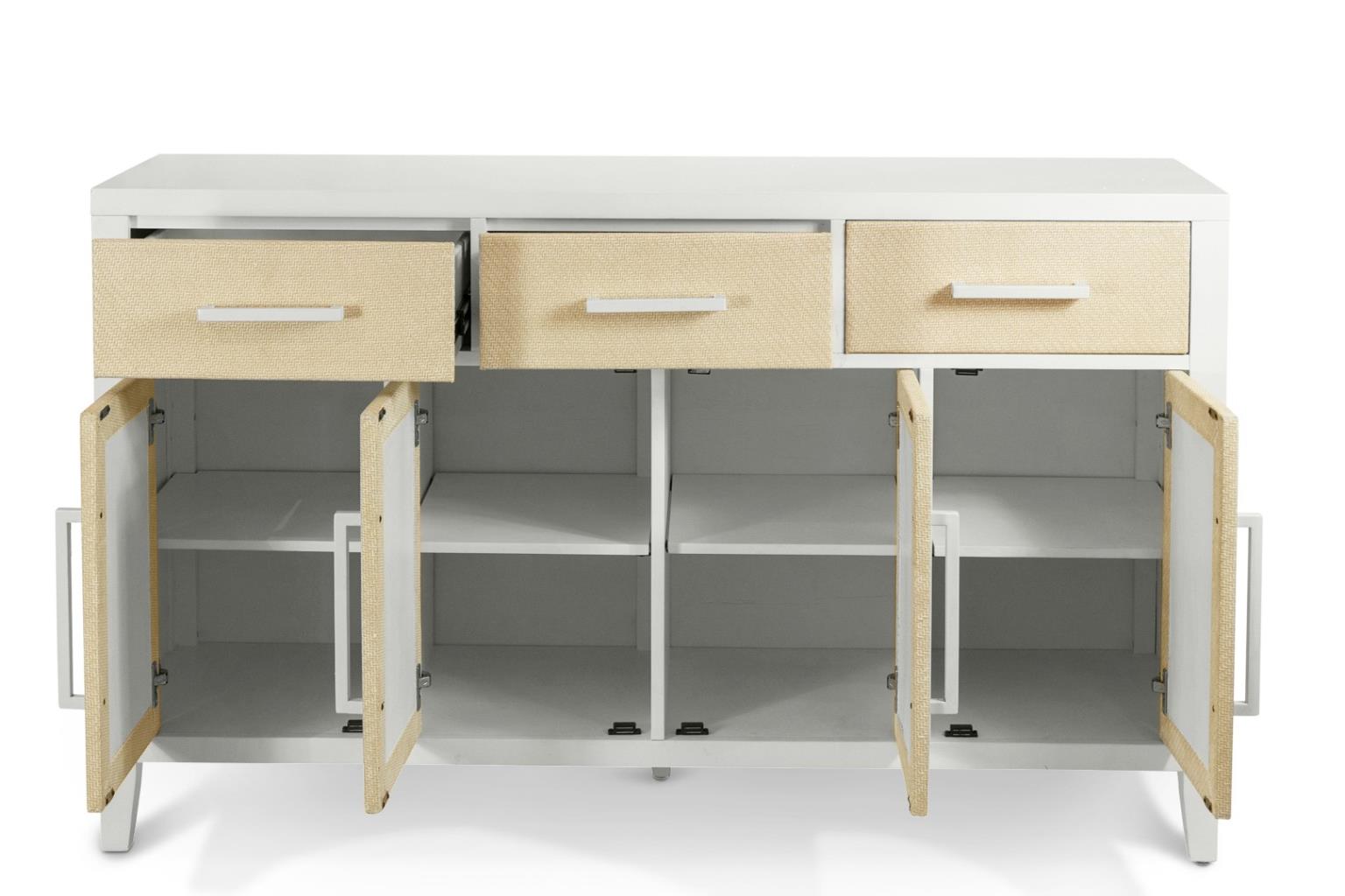 Miramar 4-Door / 3-Drawer Credenza (60") w/ Silver Tray. Sand and Stark White Finish