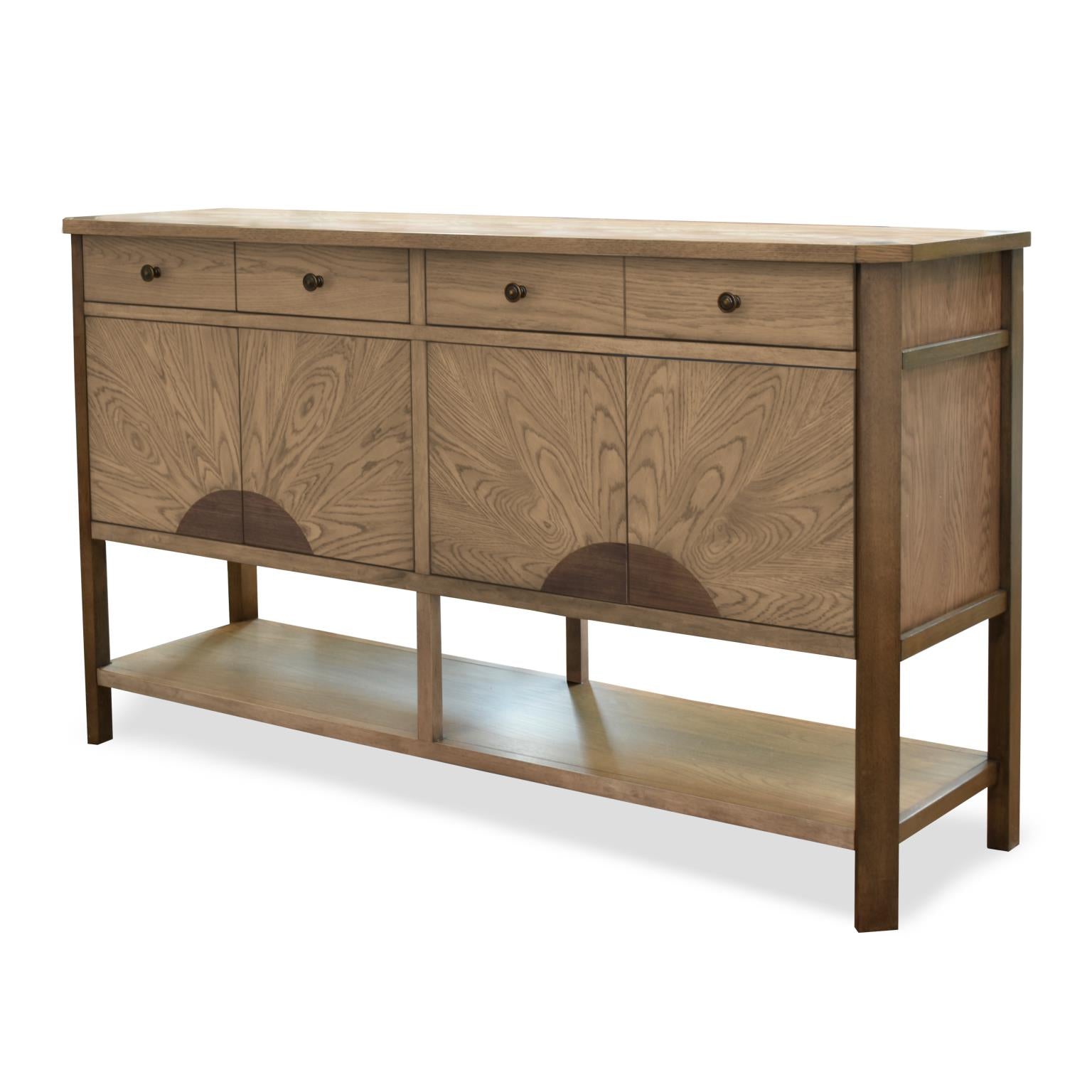 Sun Haven Credenza w/ Silver Tray (64"). Oak and Walnut Finish