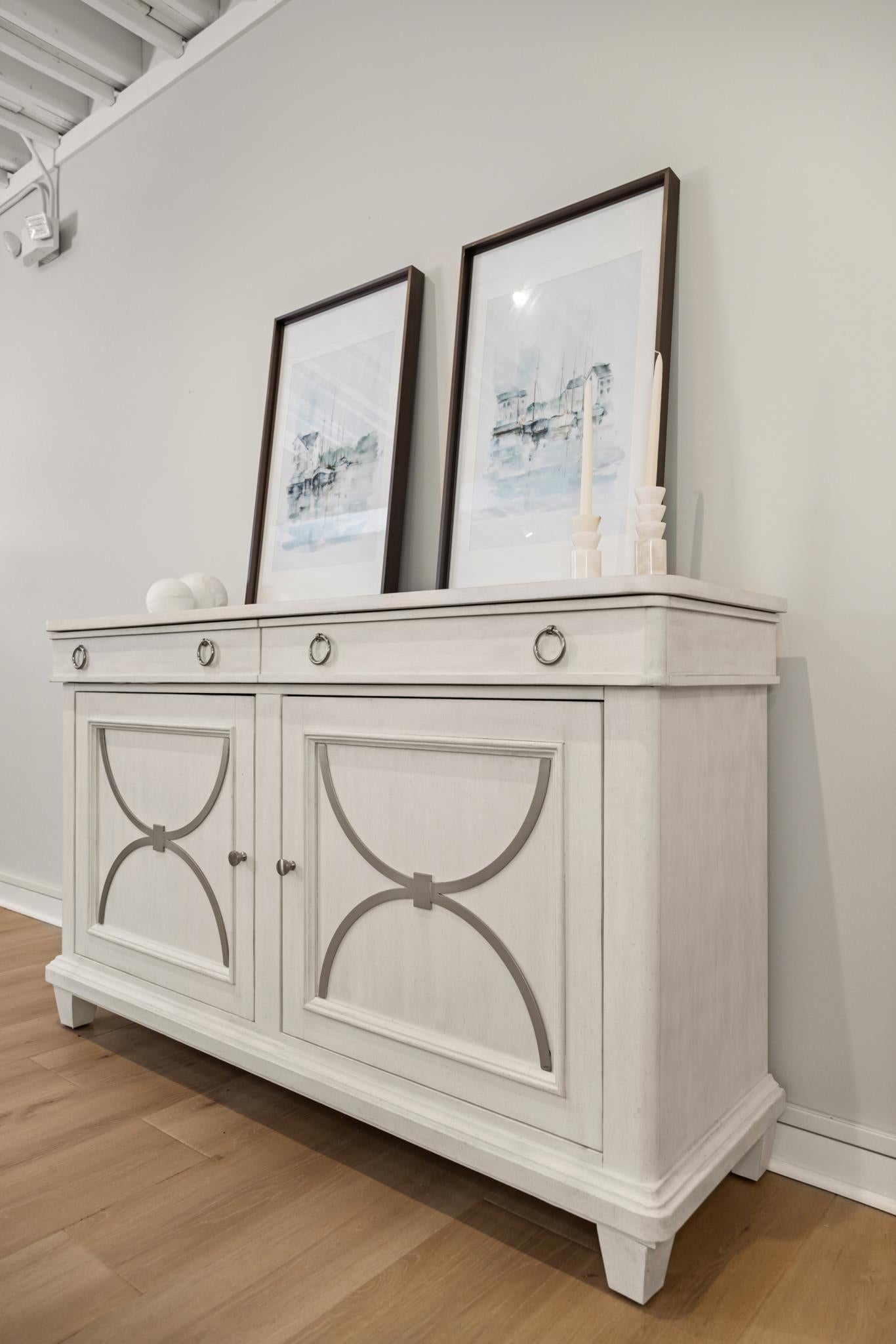 Point Breeze Credenza w/ Metal and Silver Tray (68"). Fresh White Finish