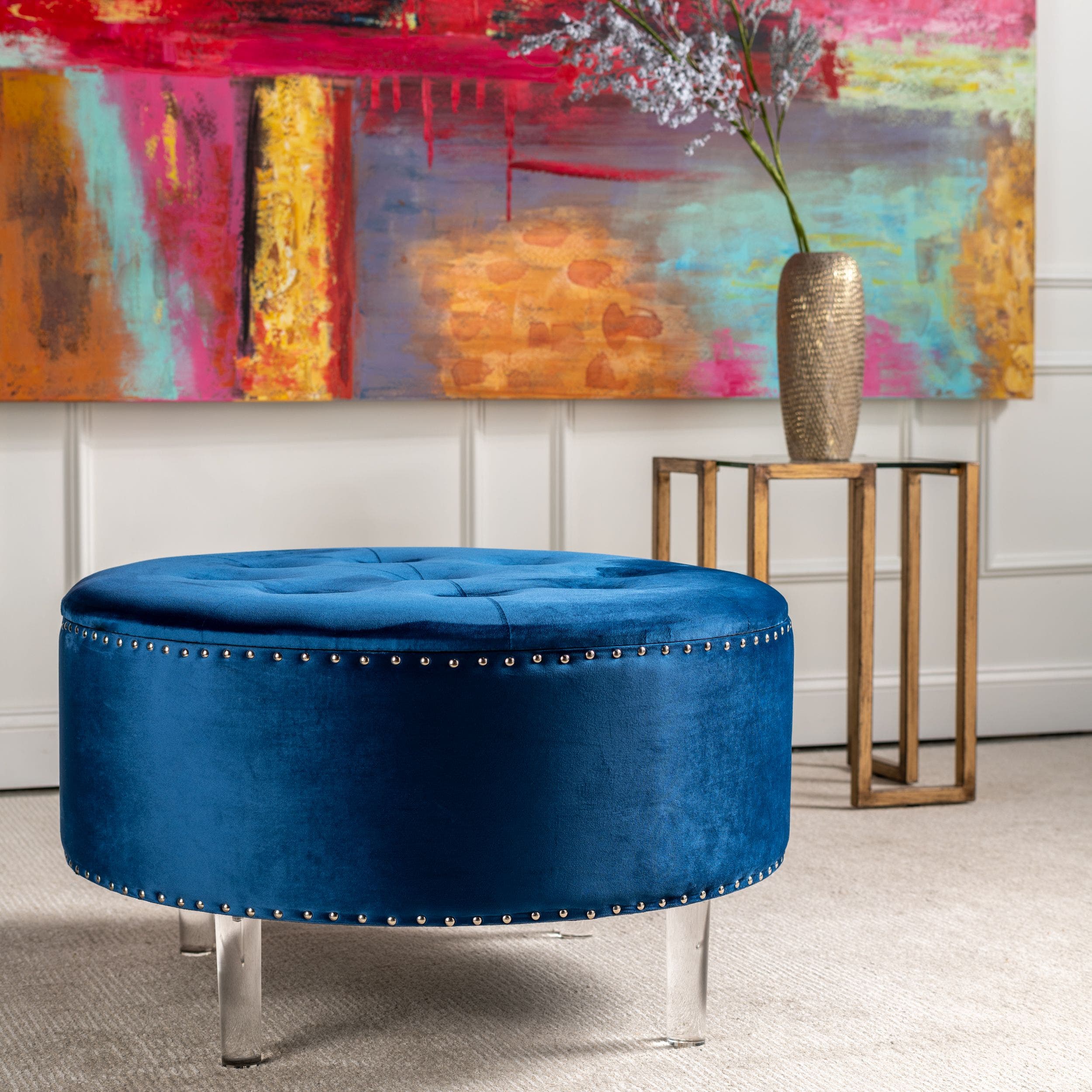 Natalia Round Blue Velvet Storage Ottoman - Image 4