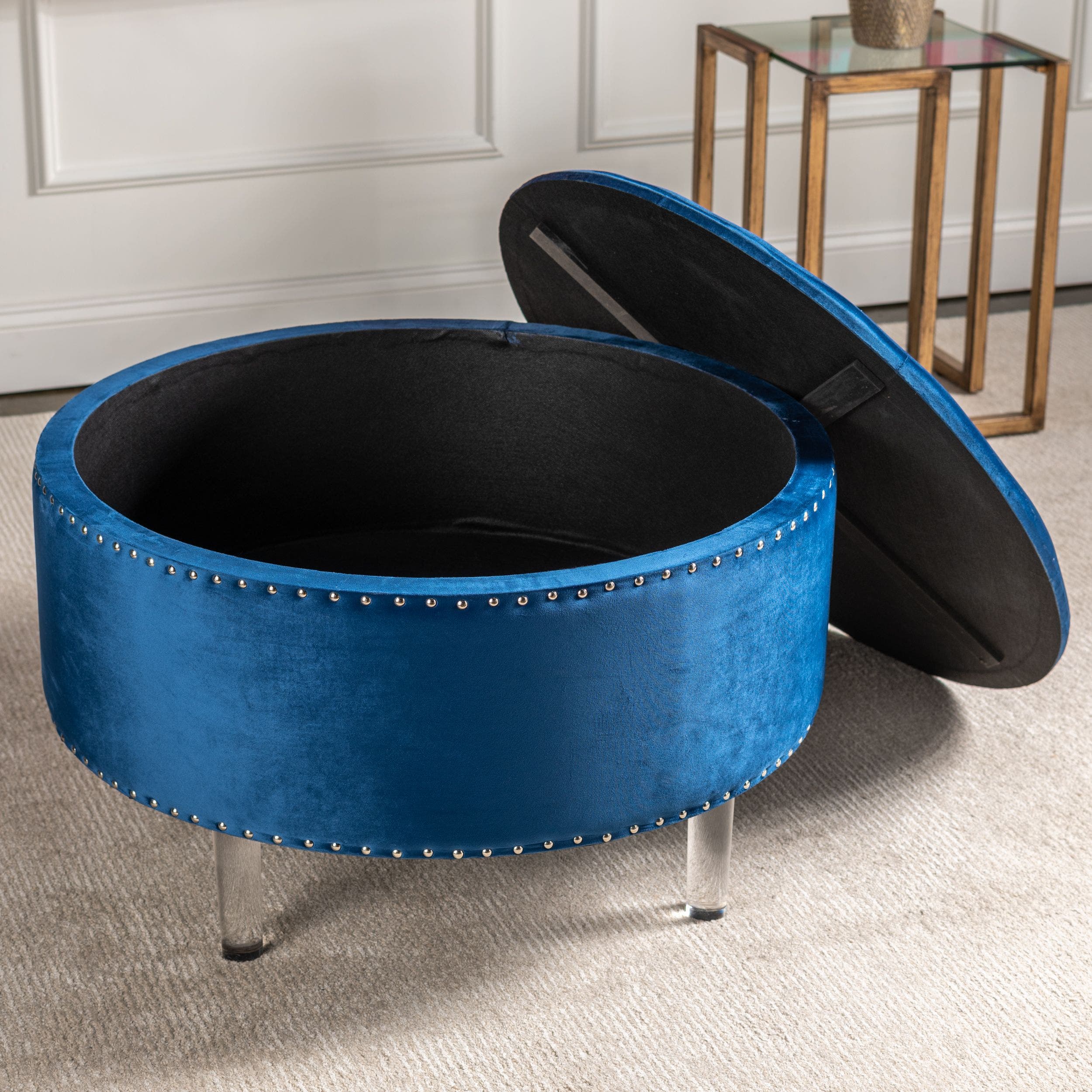 Natalia Round Blue Velvet Storage Ottoman - Image 5