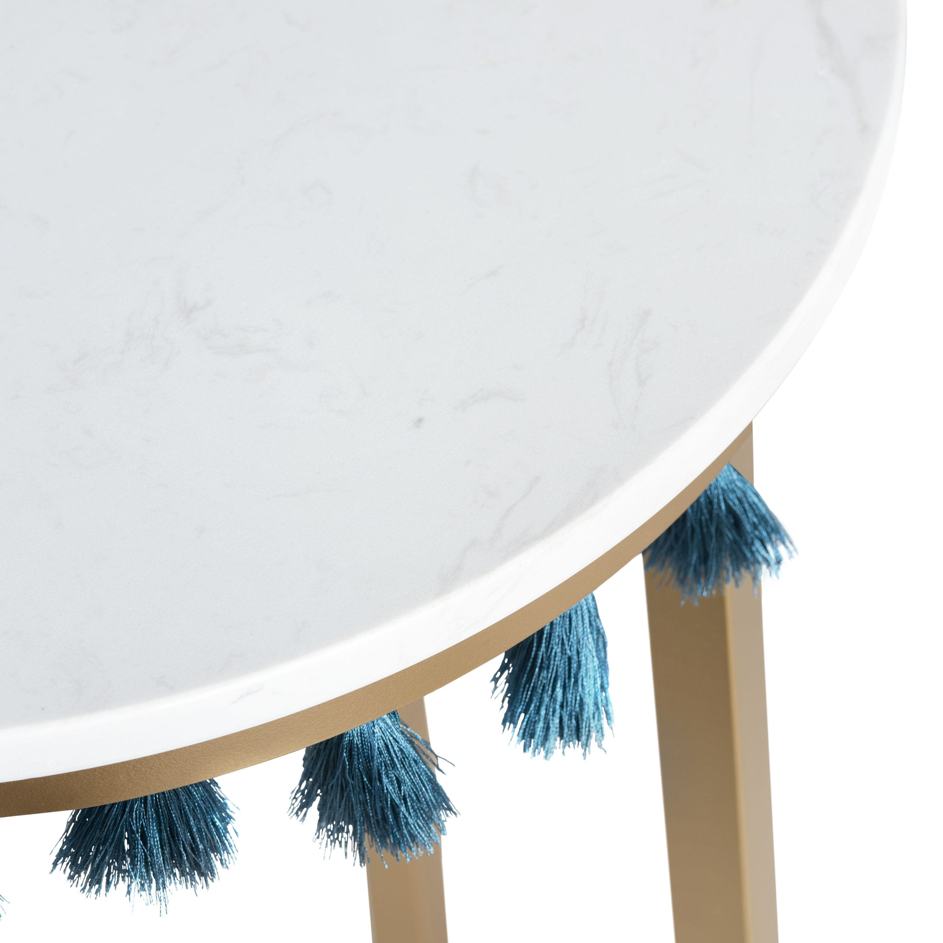 Saffron Round Marble Accent Table w/ Teal Blue Tassels - Image 4