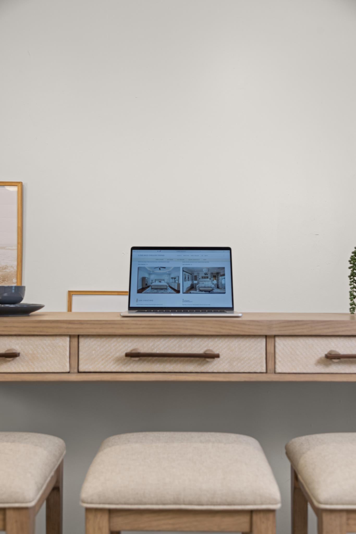 Rio Vista 3-Drawer Console and 3 Stools - Complete Set. Muted Earth Tones and Clay finish