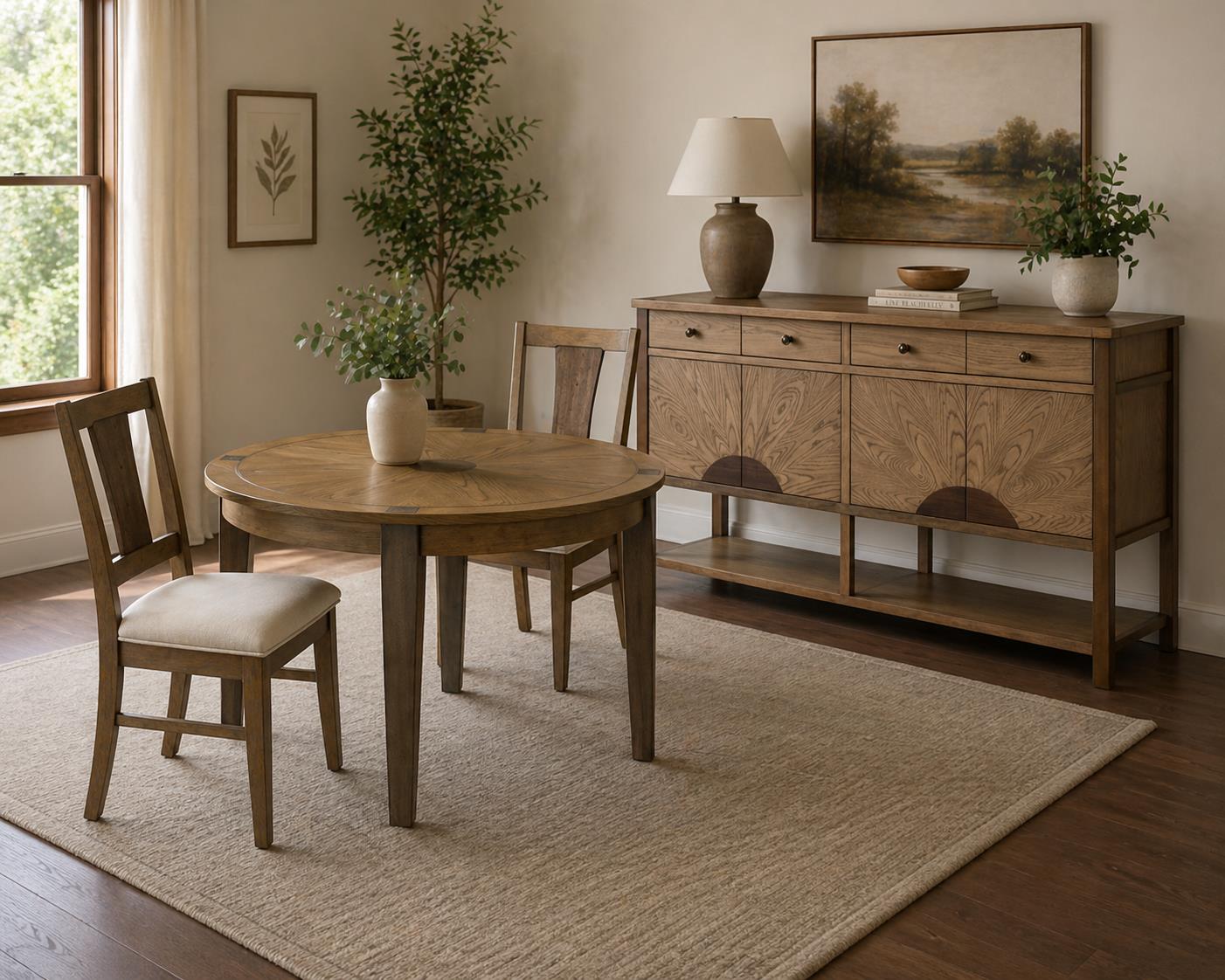 Sun Haven Round Dining Table (52"). Oak and Walnut Finish