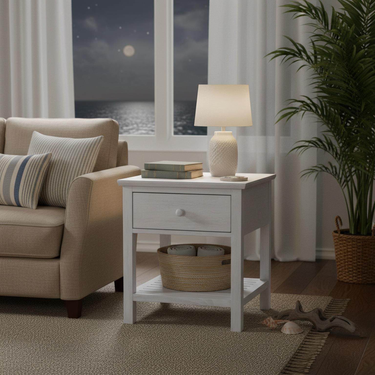Geneva 1-Drawer End Table. Distressed White finish