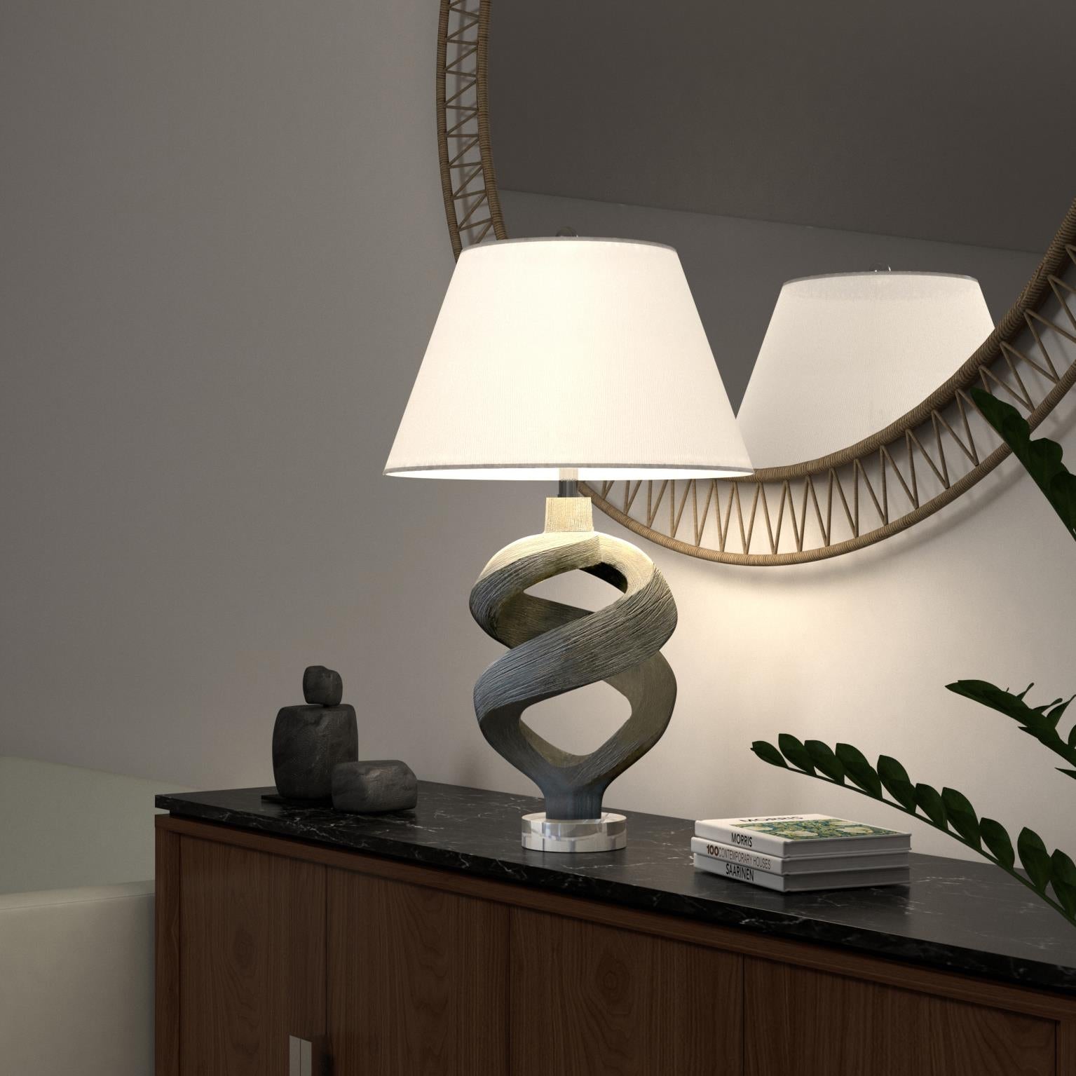 Infinity, 31" resin table lamp in faux wood grey wash finish, sold as 1pk