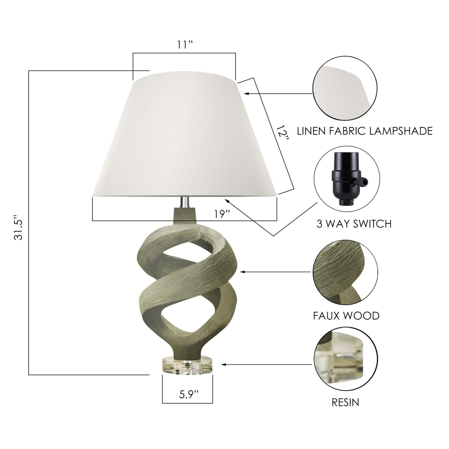 Infinity, 31" resin table lamp in faux wood grey wash finish, sold as 1pk
