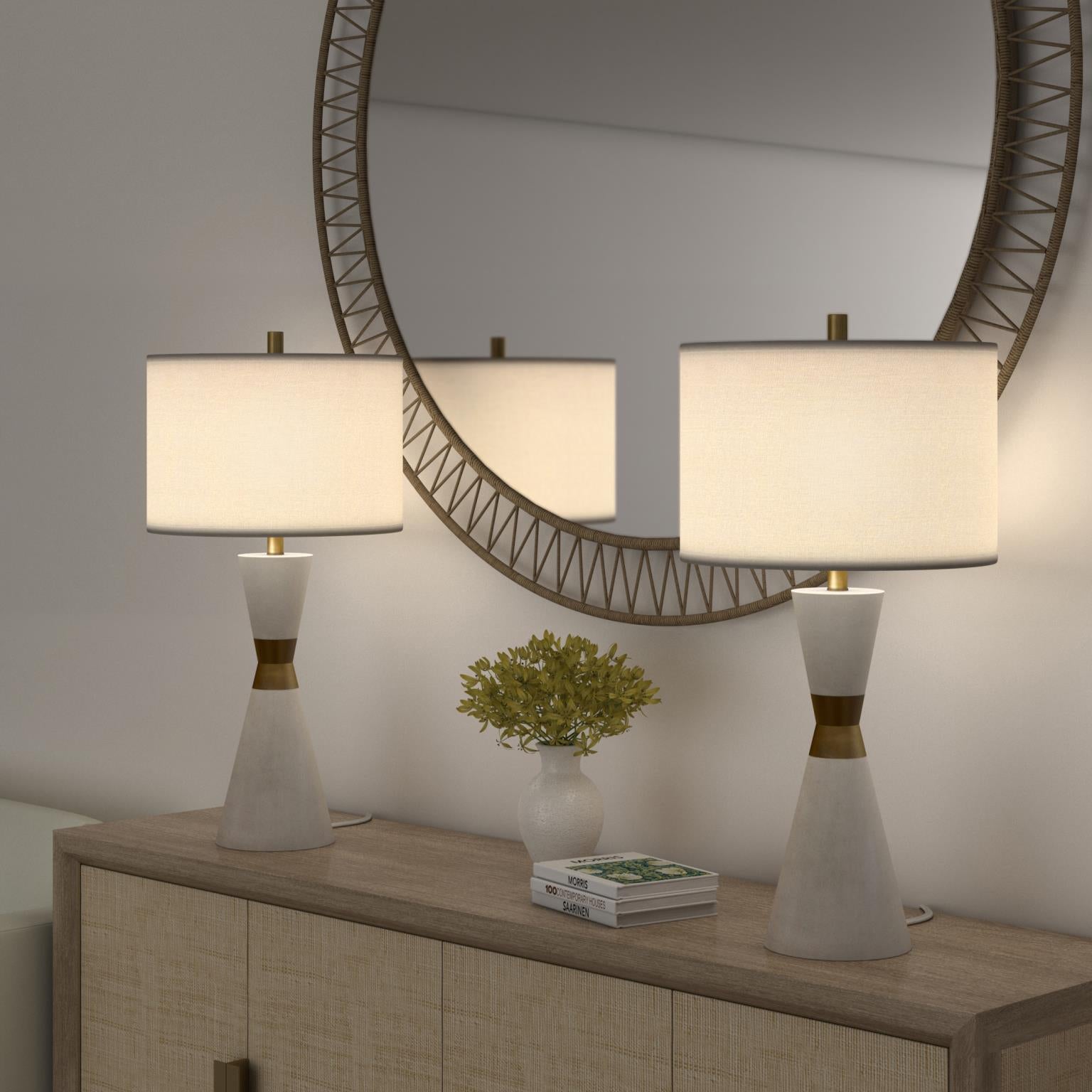 Hourglass, 30.5" resin and metal table lamp in white finish, sold as 2pk