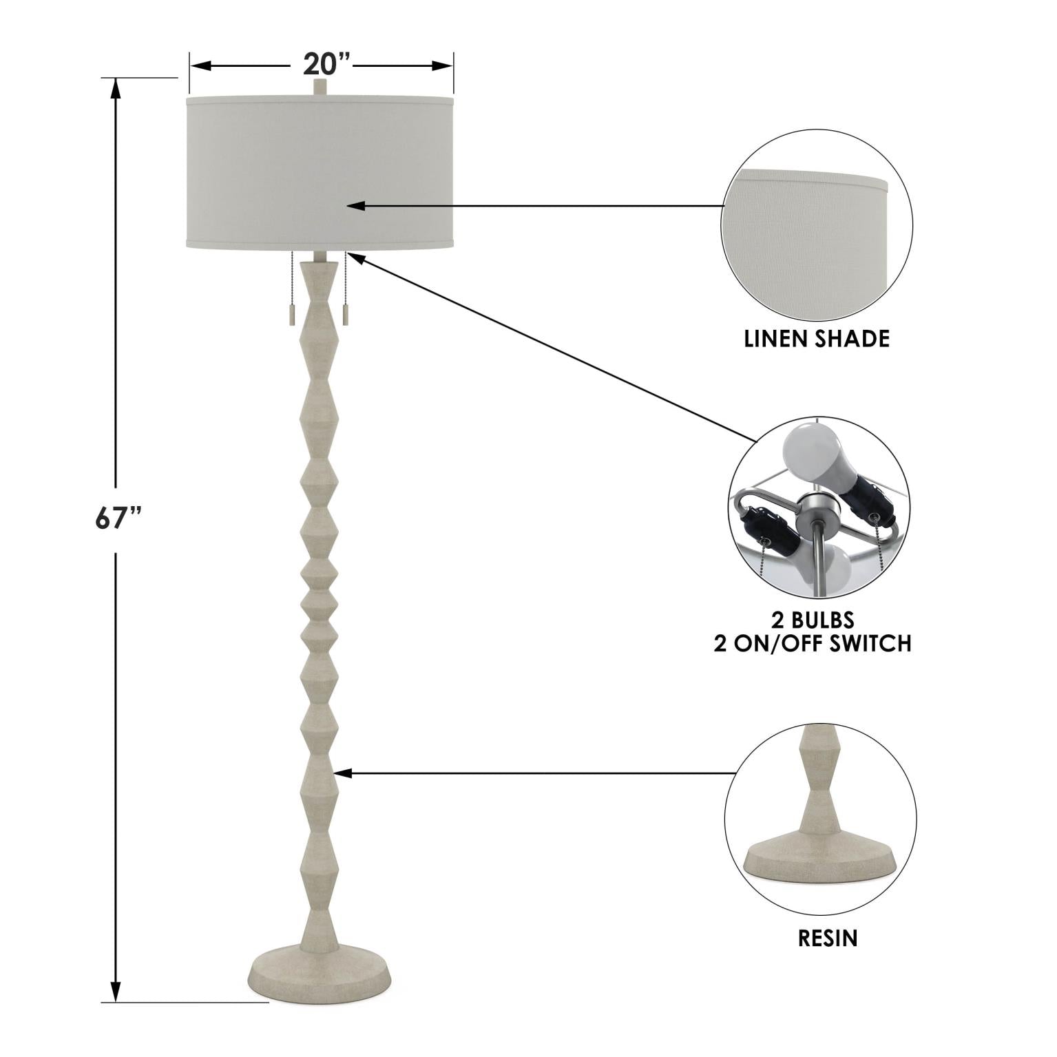 Zenith, 66" white floor lamp, sold as 1pk