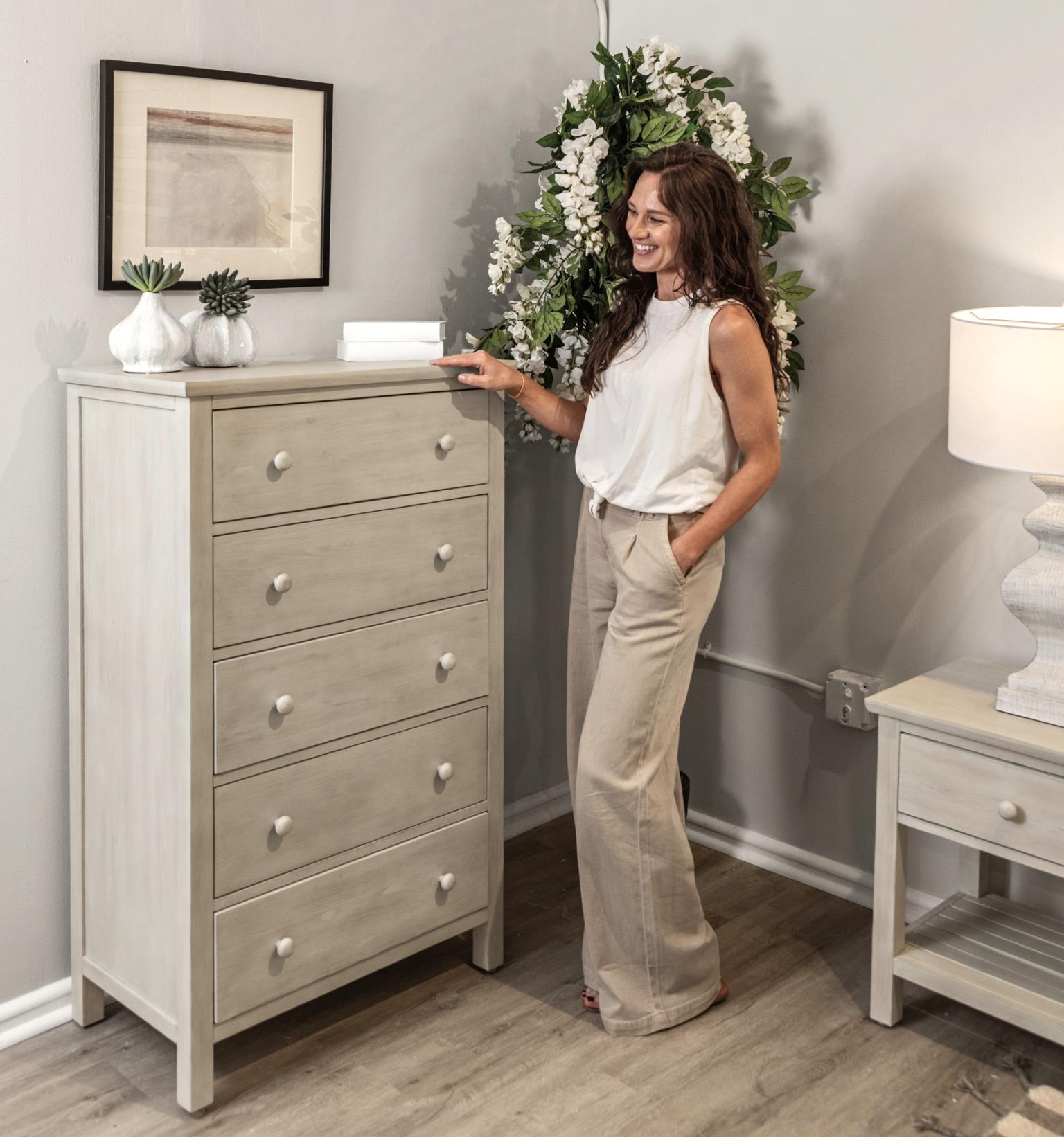 Geneva 5 Drawer Chest. Distressed White Finish