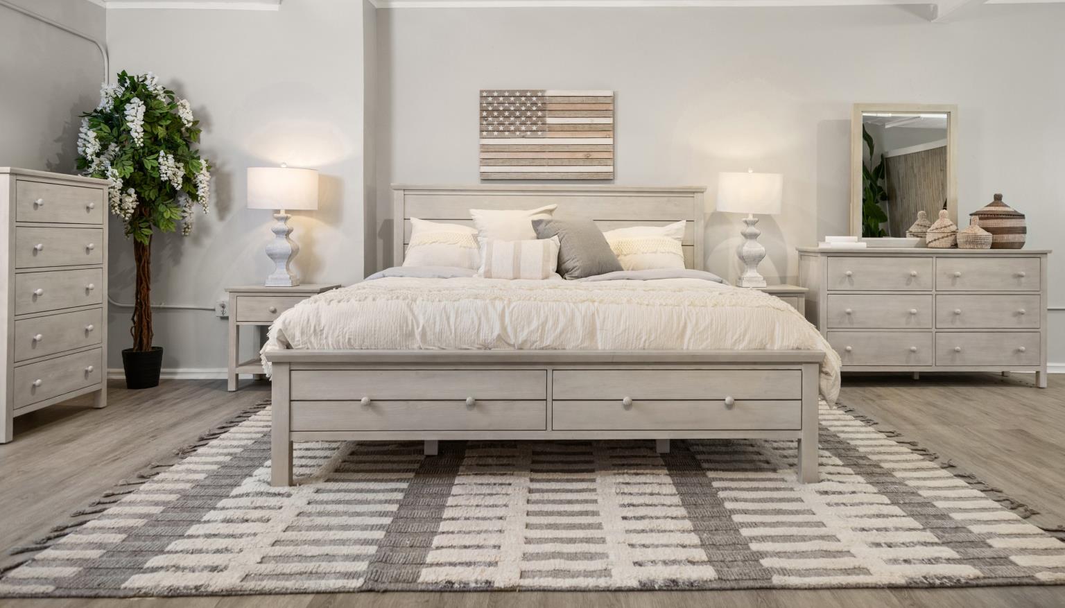 Geneva 5 Drawer Chest. Distressed White Finish