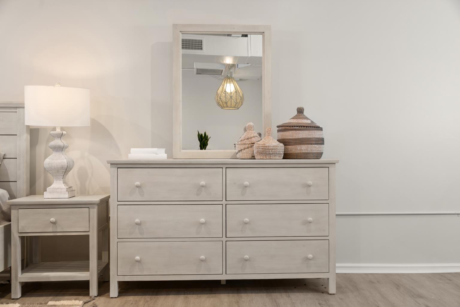 Geneva 6 Drawer Dresser. Distressed White Finish