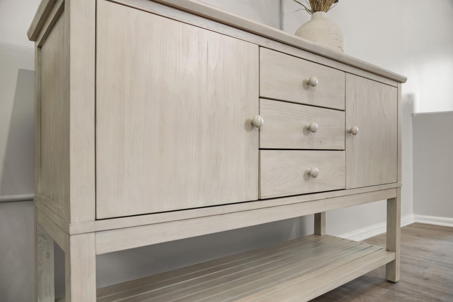 Geneva 2-Door / 3-Drawer Credenza. Distressed White Finish
