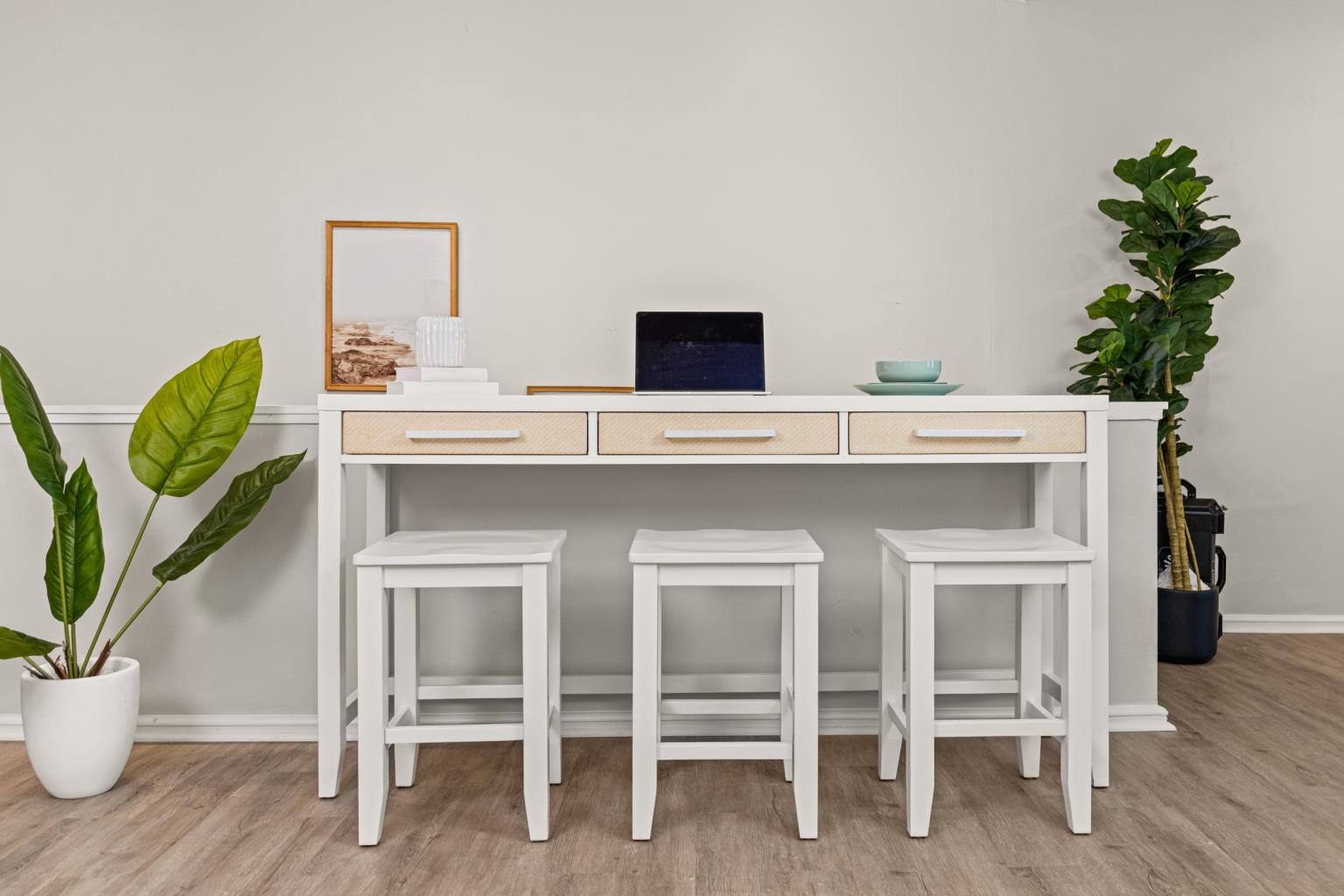 Miramar 3-Drawer Console and 3 Stools - Complete Set. Sand and Stark White finish