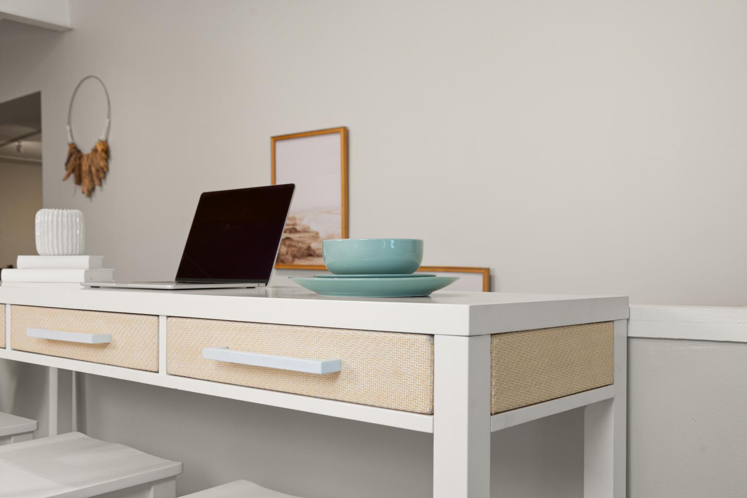 Miramar 3-Drawer Console and 3 Stools - Complete Set. Sand and Stark White finish