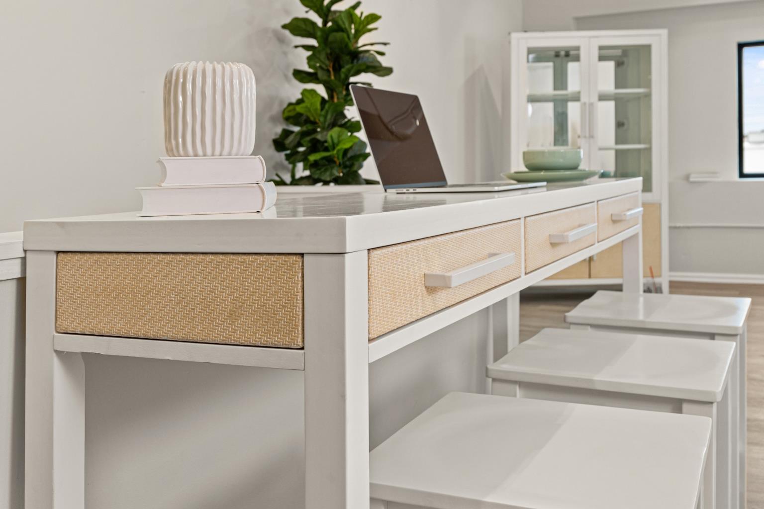 Miramar 3-Drawer Console w/ Power. Sand and Stark White Finish