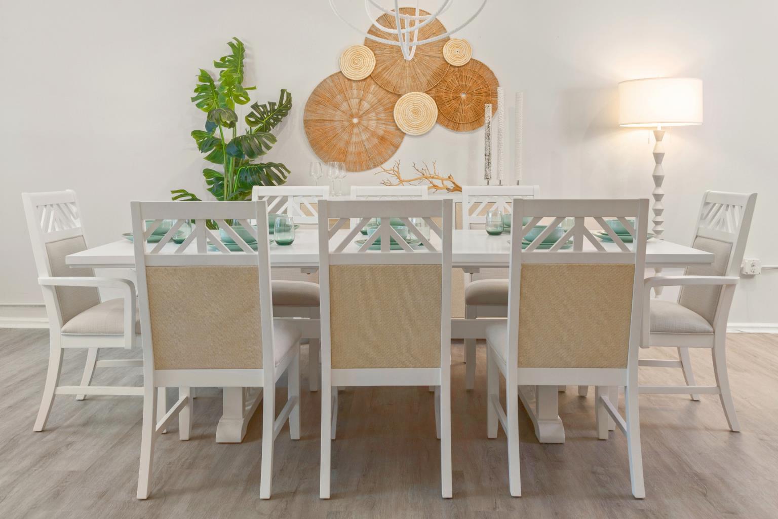 Miramar Trestle Table w/ Self Storing Leaf (78"-96") Complete. Sand and Stark White Finish