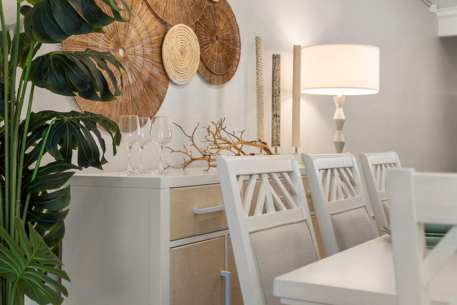 Miramar Trestle Table w/ Self Storing Leaf (78"-96") Complete. Sand and Stark White Finish