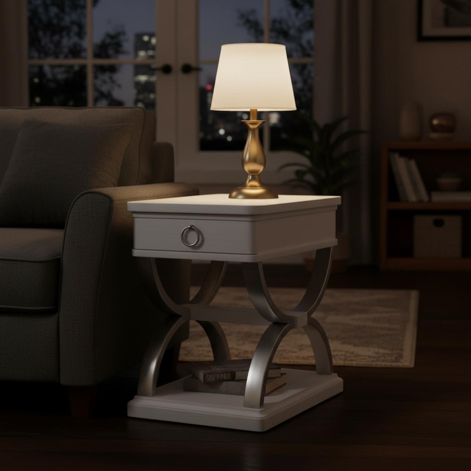 Point Breeze 1-Drawer Chairside Table w/ Metal. Fresh White Finish