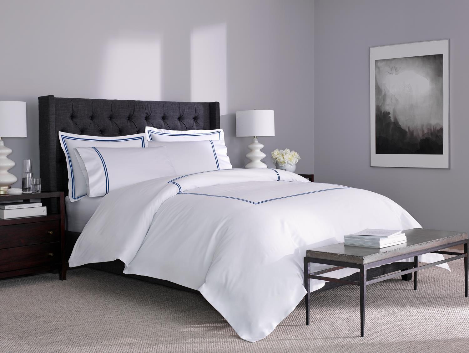 Hotel Luxury Sheet Set - White with Navy Stitching