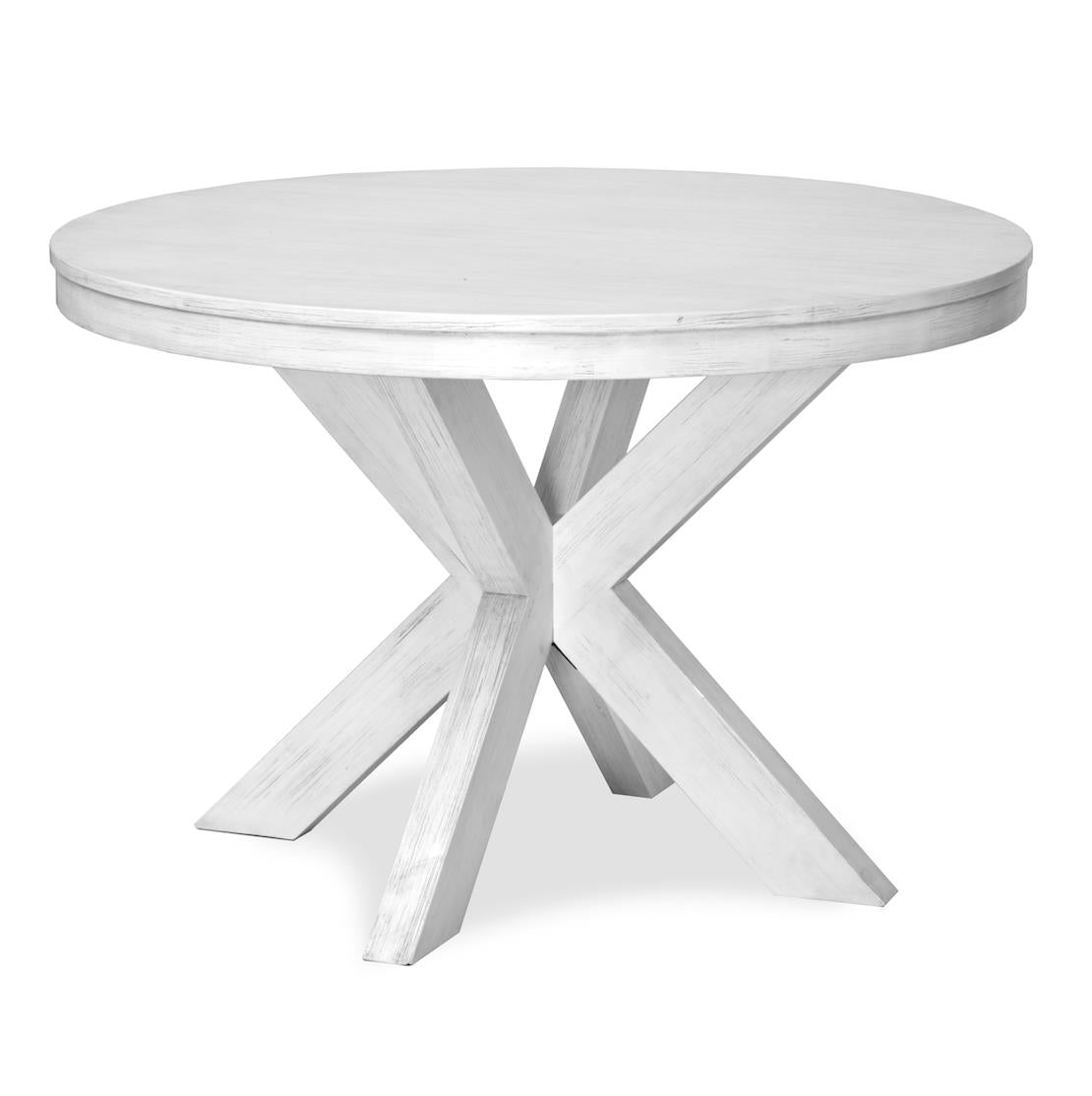 Surfside 45" Round Dining Table. X Shaped Base. Weathered White Finish