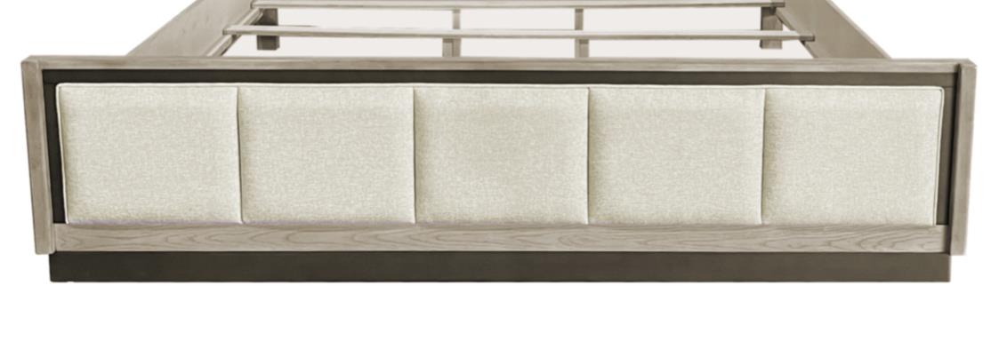 Rio Vista Upholstered Queen Footboard and Slats. Muted Earth Tones and Clay Finish