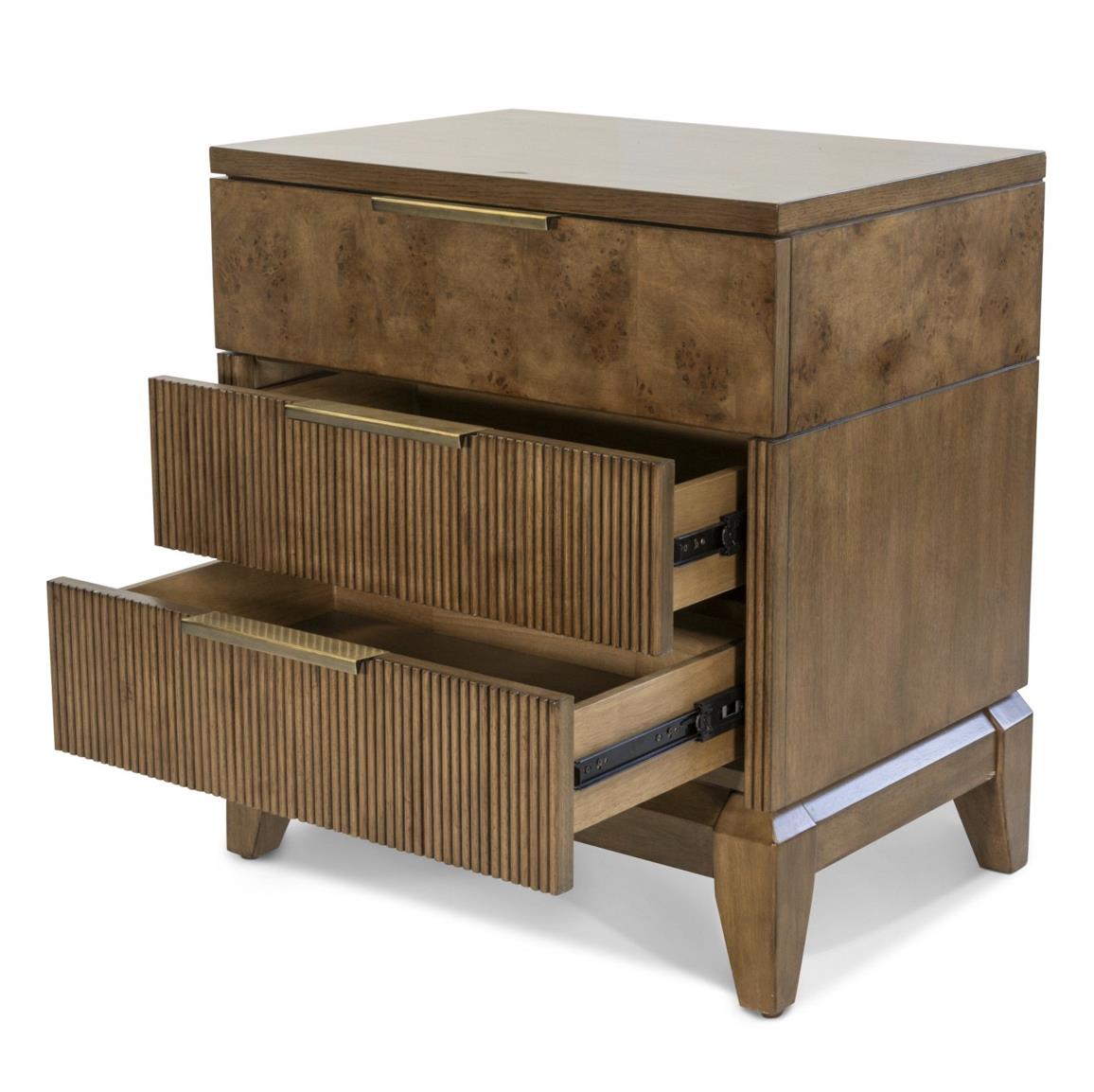 Manhattan Valley 3 Drawer Nightstand w/ Power and USB A + C. Mappa Burl and Vintage Chestnut Finish