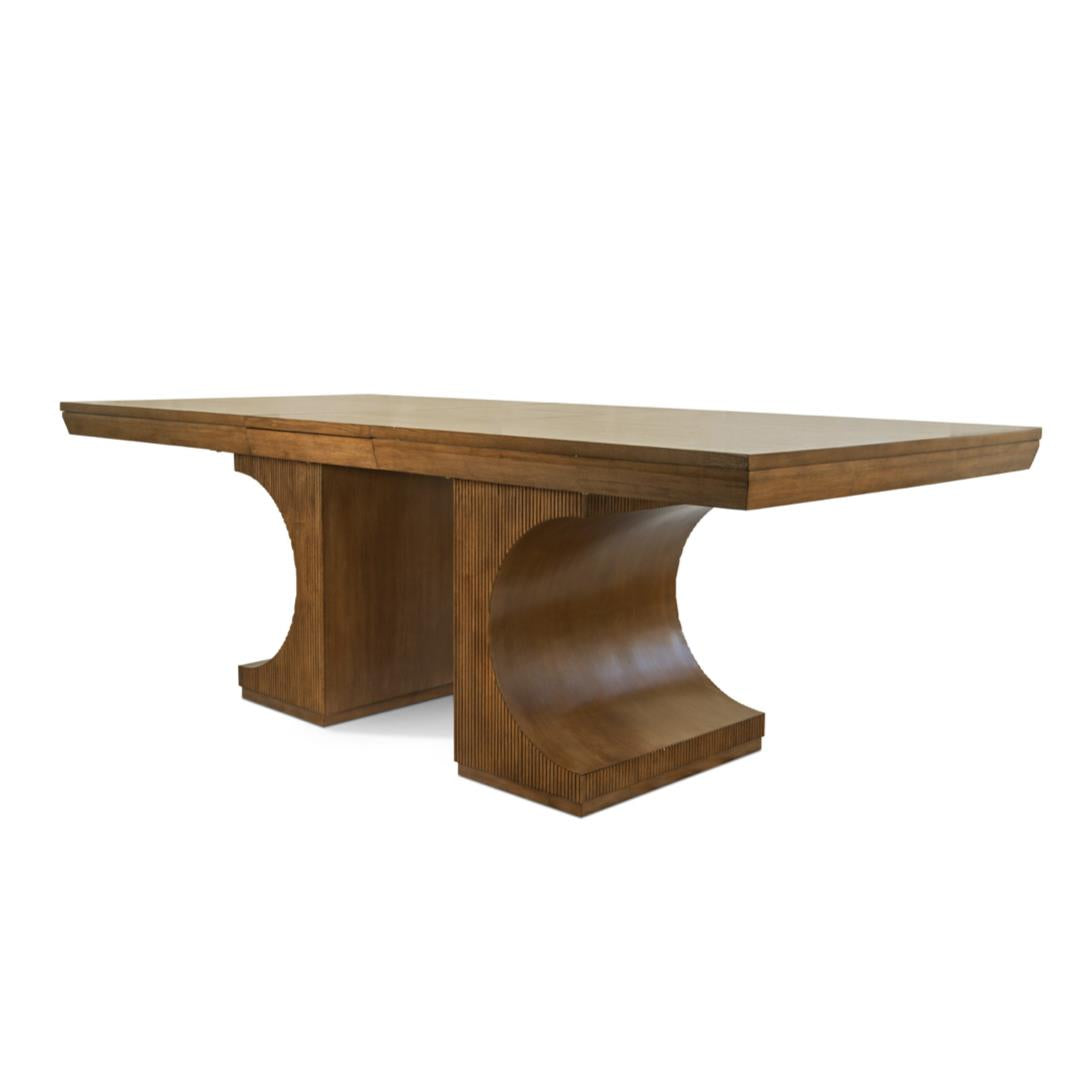 Manhattan Valley Double Pedastal Table Base. Mappa Burl and Vintage Chestnut Finish. Must order top for complete table