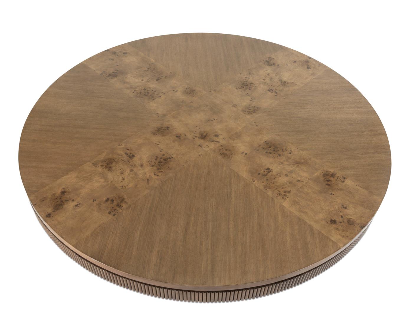 Manhattan Valley 50" Round Table. Mappa Burl and Vintage Chestnut Finish