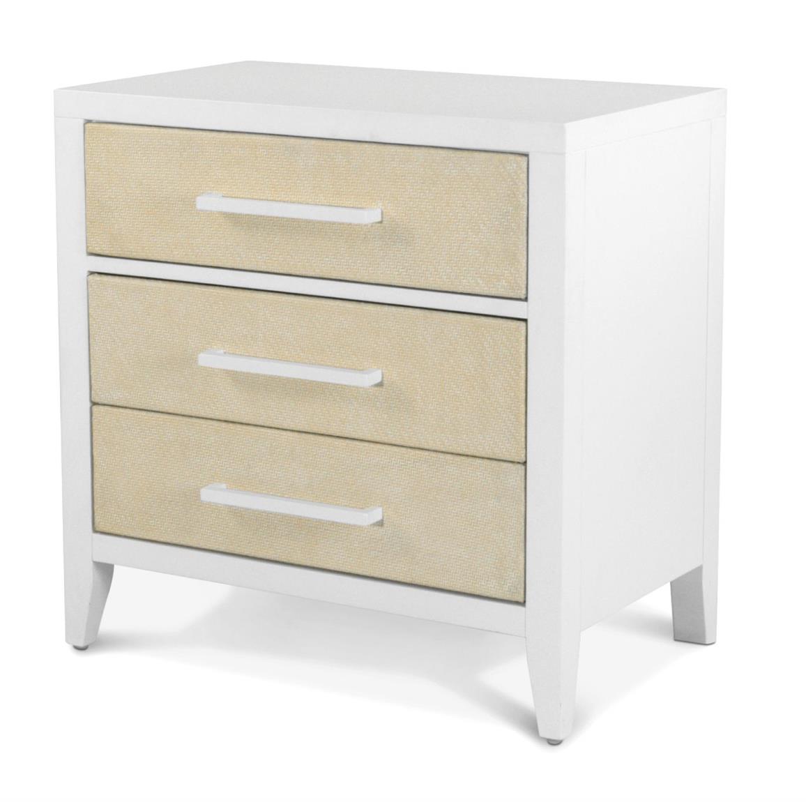 Miramar 3 Drawer Woven Nightstand w/ Power and USB A + C. Sand and Stark White Finish