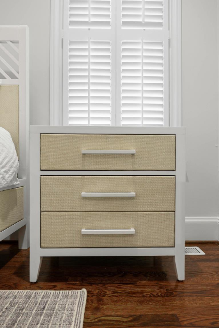 Miramar 3 Drawer Woven Nightstand w/ Power and USB A + C. Sand and Stark White Finish