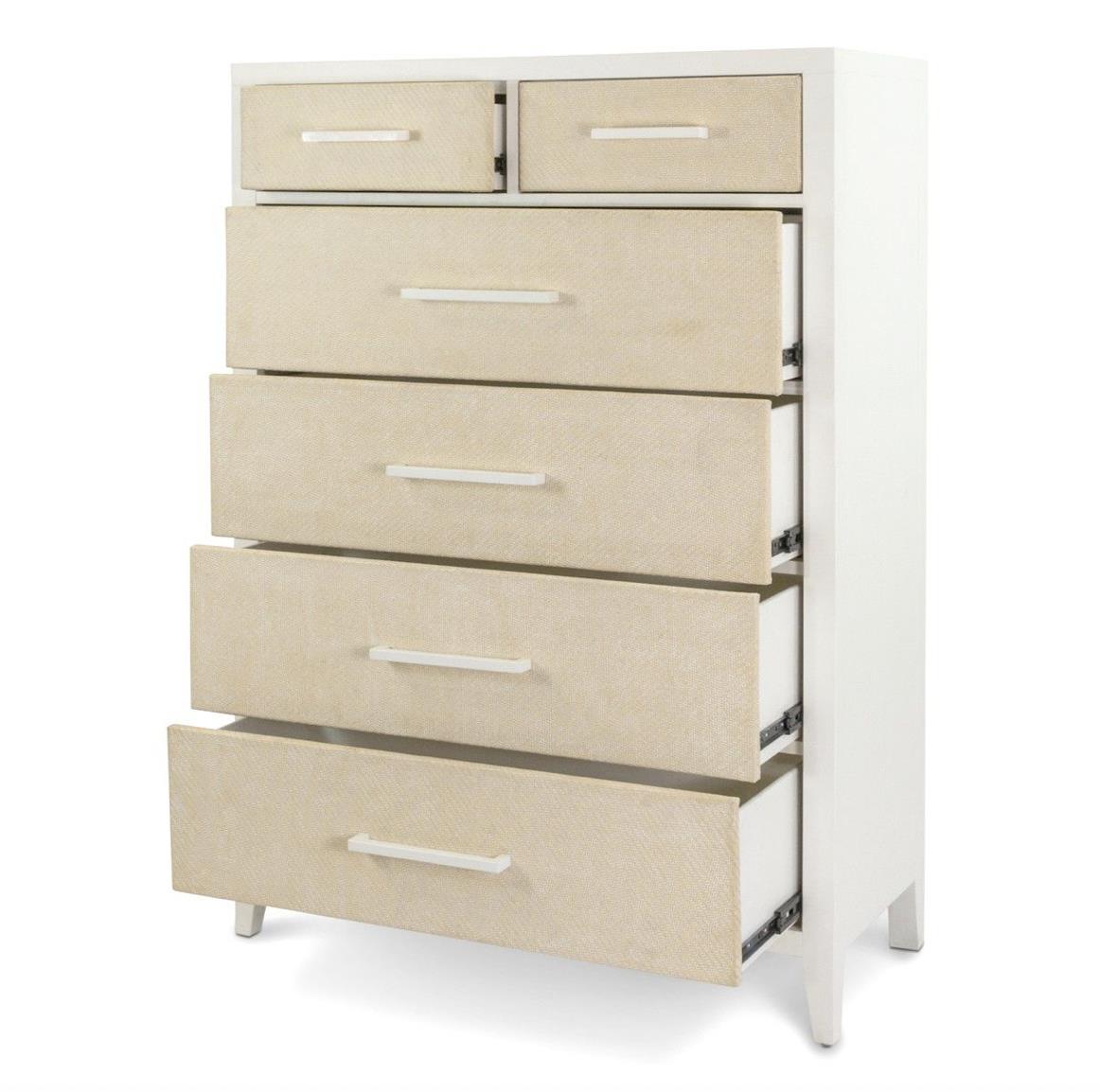 Miramar 5 Drawer Woven Chest. Sand and Stark White Finish