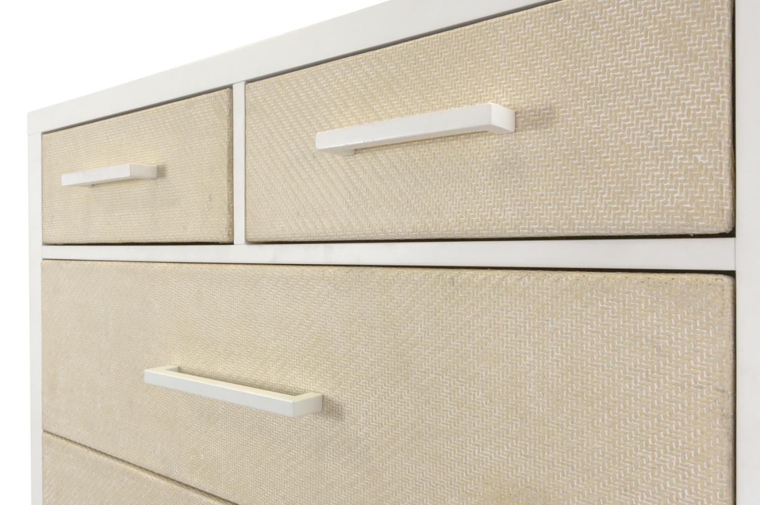 Miramar 5 Drawer Woven Chest. Sand and Stark White Finish