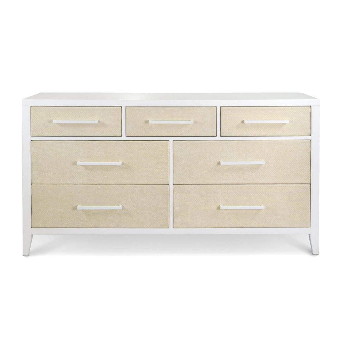 Miramar 7 Drawer Woven Dresser. Sand and Stark White Finish