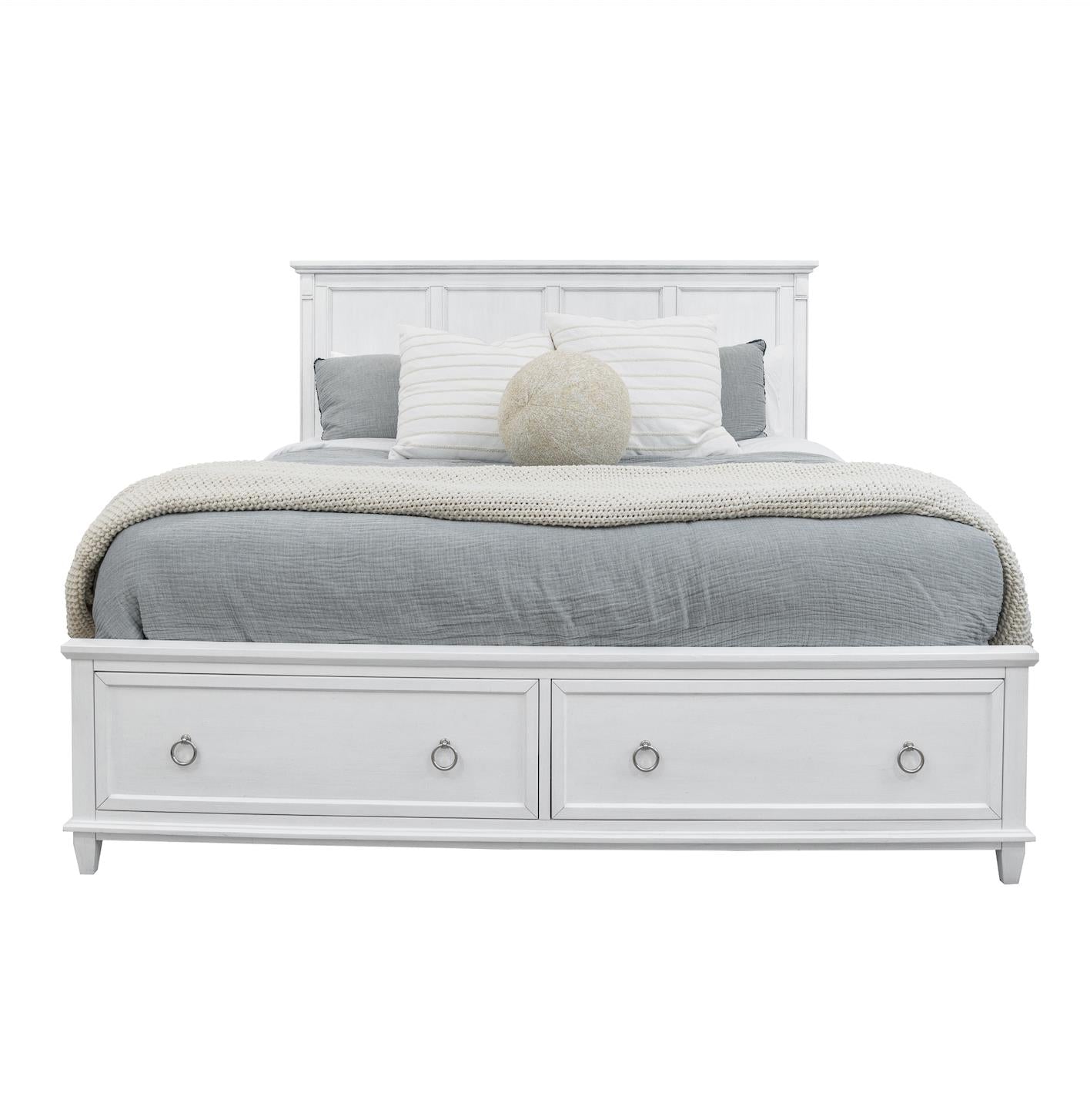 Point Breeze King Storage Bed Complete. Fresh White Finish w/ Soft Grey Glaze