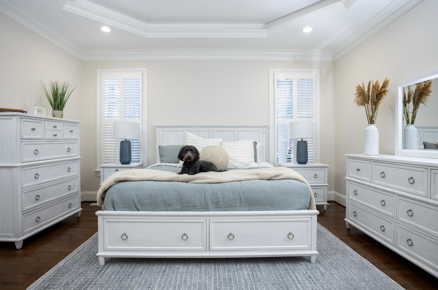 Point Breeze King Storage Bed Complete. Fresh White Finish w/ Soft Grey Glaze